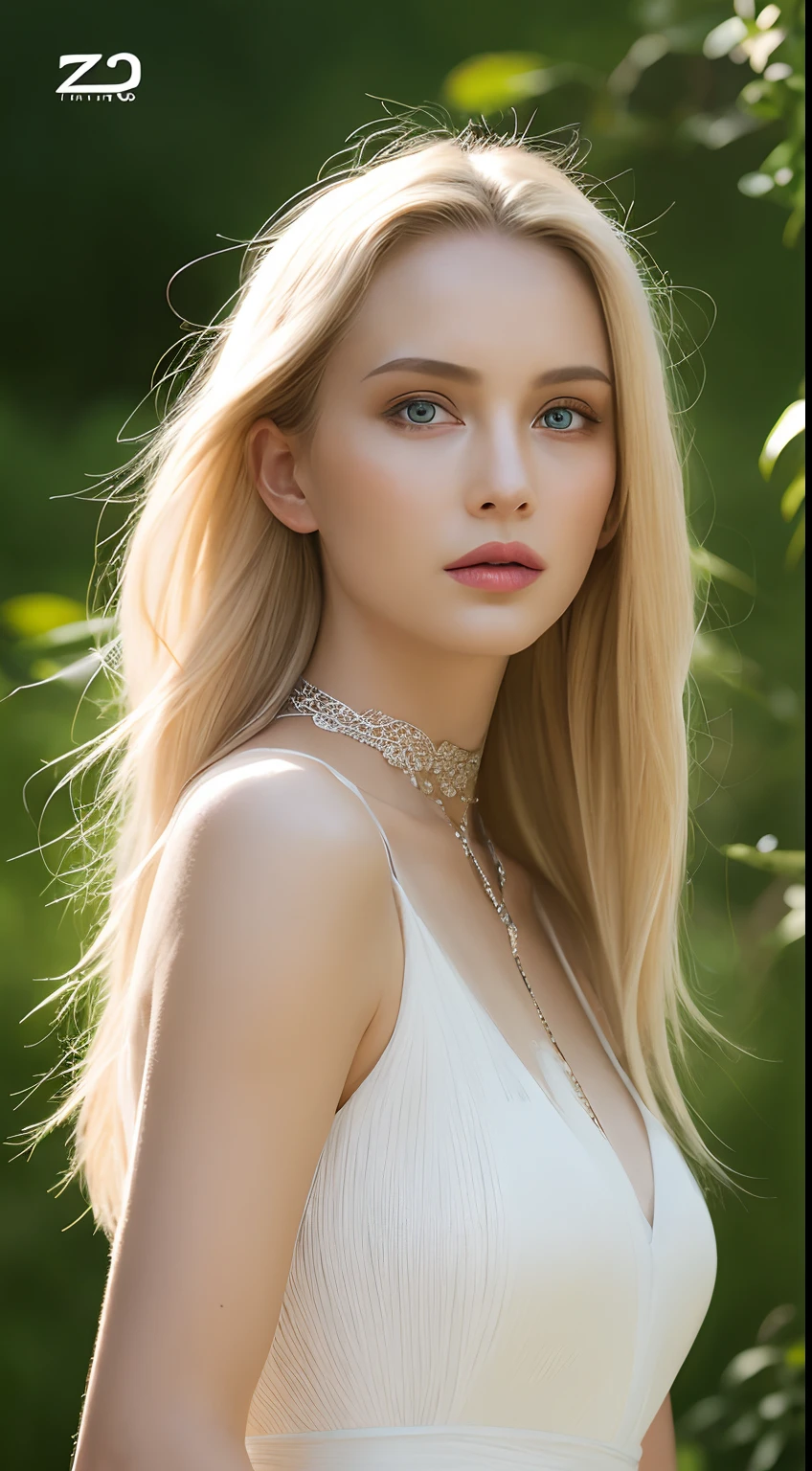 35mm, Incredibly hyper-detailed and intricately realistic, full body character, Adult, Beautiful, Female, Perfect, Long blonde hair, Green eyes, elegant white dress, Flowers in hair, Detailed face, White skin, Mature facial features of Nordic women, Garden background, Cover art, zoomout, choker necklace, an ultrafine painting, Luminism, Bar lighting, complex, 4k resolution concept art portrait