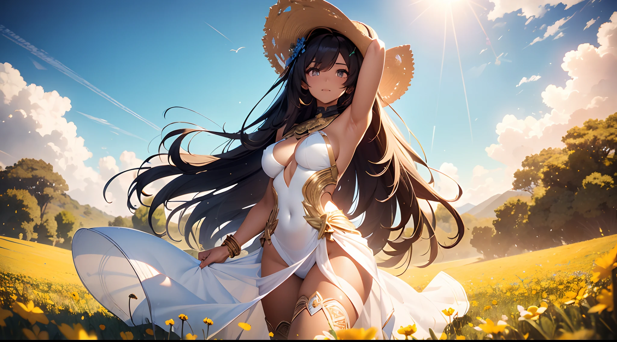 ((Masterpiece)), ((extreme details)),arab girl, muscular fit body, tanned skin girl in summer short dress of light fabric and semi transparent, dancing on a flowers field in a windy day, wind lift dress, Slightly transparent white nightdress, looking at viewer, loving smile, golden ring, fit body, black hair, long straight hair, blue saphyr eyes, sexy figure, medium breast, muscular juicy ass, muscular tights, Field of flowers as far as the eye can see, ((High Details)), ((Best quality)), 8k, realism, Ray Tracing, reflection light, textured skin, Rendu CG3D, lighting cinematic,