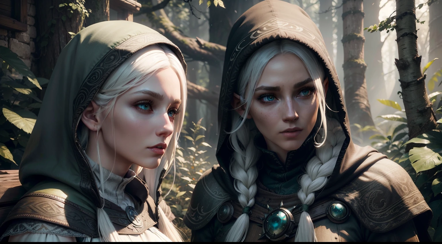 duo: Elven female ( white colored hair, Green eyes )Squatting ( concerned: 1,3 ) , Elven female( white colored hair, Cyan eyes ) Squatting, vibe ( With Skyrim in the background, woods ) ( letho ) ( Firefly: 1,2) ( Wear magic cloaks with a hood ) insane details, beautifully color-graded, Unreal engine, Depth of field, extra high resolution, megapixel, Cinematic Lightning, Smoothing, insanely detailed and intricate , Hyper maximalist, hyper realistic, volumetric, Photorealistic, ultra photorealistic, ultra- detailed, intricate details, 8K, Super detailed , Full color, voluminous lighting, HDR, Realistic, Unreal engine, 16k, sharp-focus, Octane Render, RTX. Incredibly detailed faces, Incredible fingers, Unbelievable eyes, Incredible hair, Incredible hands