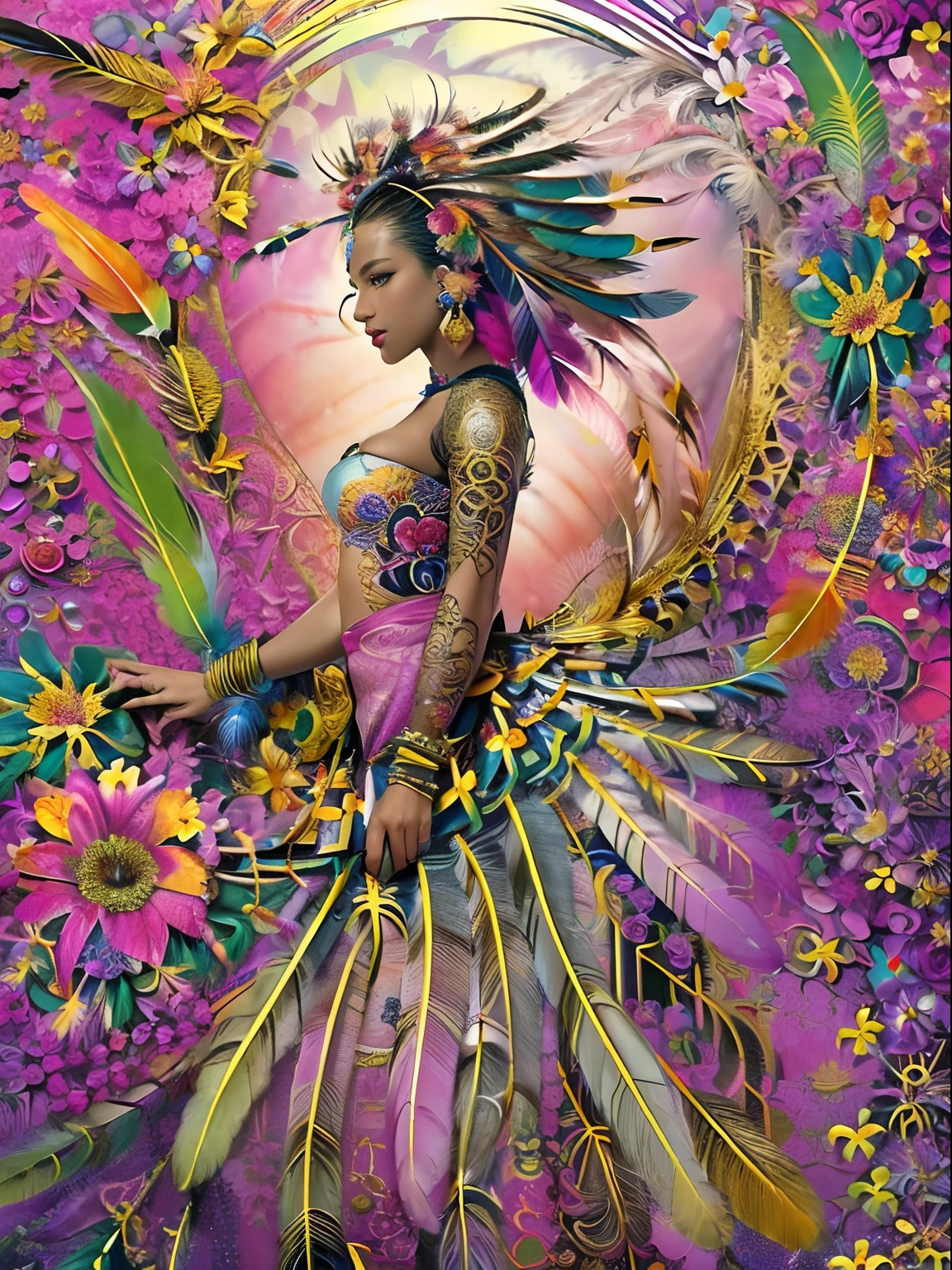 rifstyle2 (masterpiece, top quality, best quality, official art, beautiful and aesthetic:1.2), (1girl:1.3), extremely detailed,(fractal art:1.1),(colorful:1.1)(flowers:1.3),highest detailed,(zentangle:1.2), (dynamic pose), (abstract background:1.3), (shiny skin), (many colors:1.4), ,(earrings), (feathers:1.5),