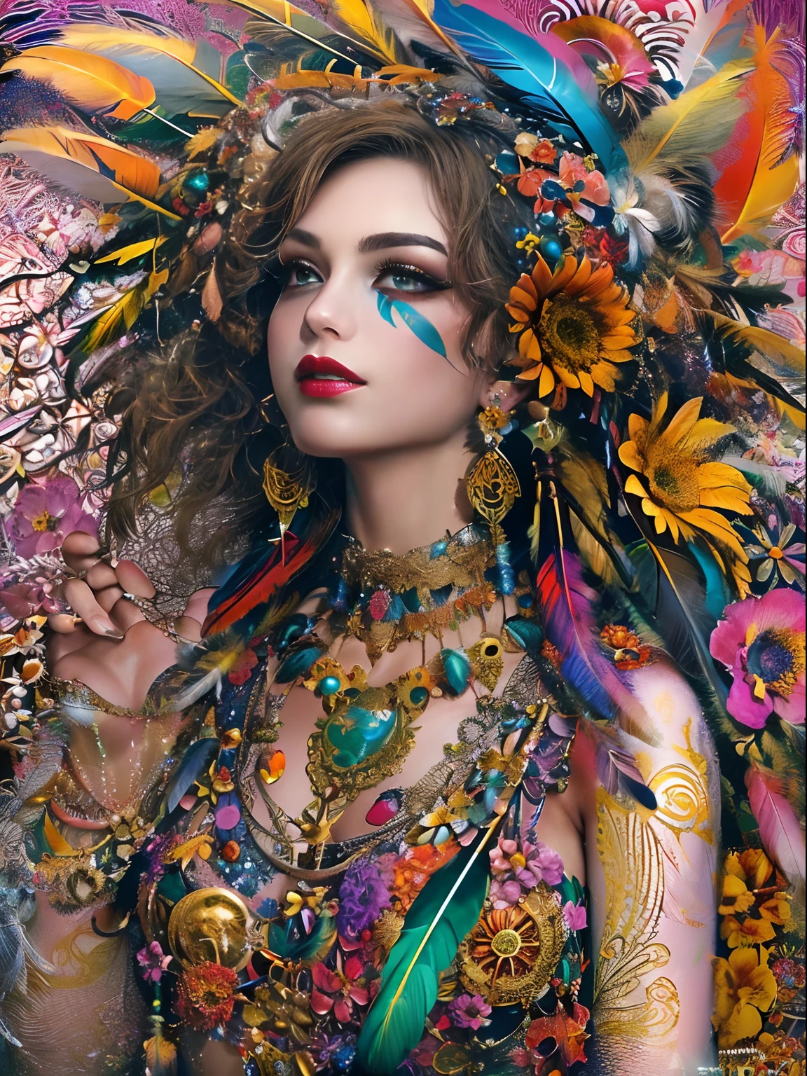 rifstyle2 (masterpiece, top quality, best quality, official art, beautiful and aesthetic:1.2), (1girl:1.3), extremely detailed,(fractal art:1.1),(colorful:1.1)(flowers:1.3),highest detailed,(zentangle:1.2), (dynamic pose), (abstract background:1.3), (shiny skin), (many colors:1.4), ,(earrings), (feathers:1.5),
