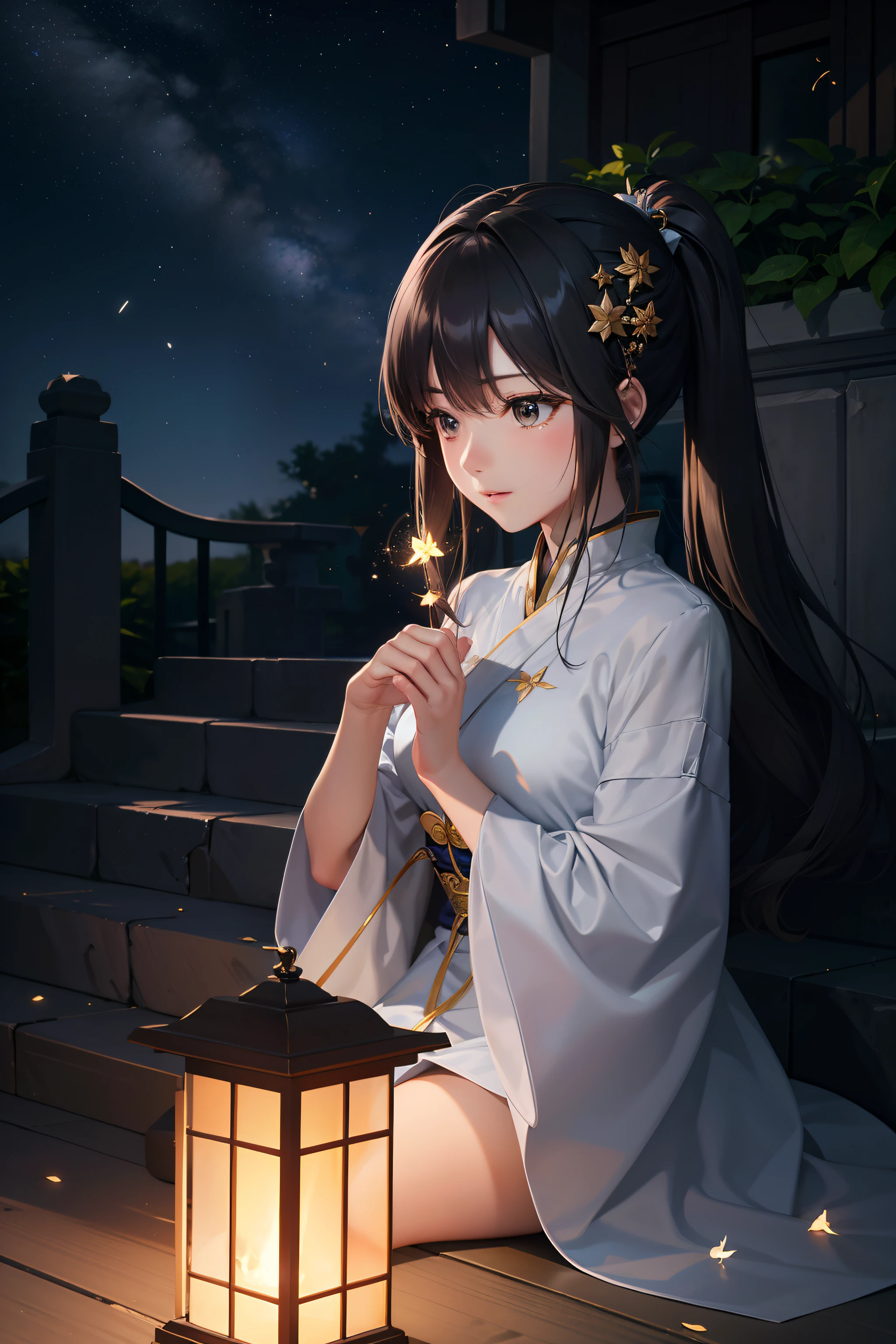 Show on the(Detailed CG unity 8k graphics,tmasterpiece,Best Picture Quality,ultra-detailliert)，(best illuminate,best shadow,An extremely delicate and beautiful picture)，Quiet autumn nights，Moonlight Fashionable。The girl dressed in Han clothes lay on the stone steps of the palace，Gently shake the folding fan，looking at the stars。Fireflies flew beside him，，And the constellation Vega shines in the night sky。
