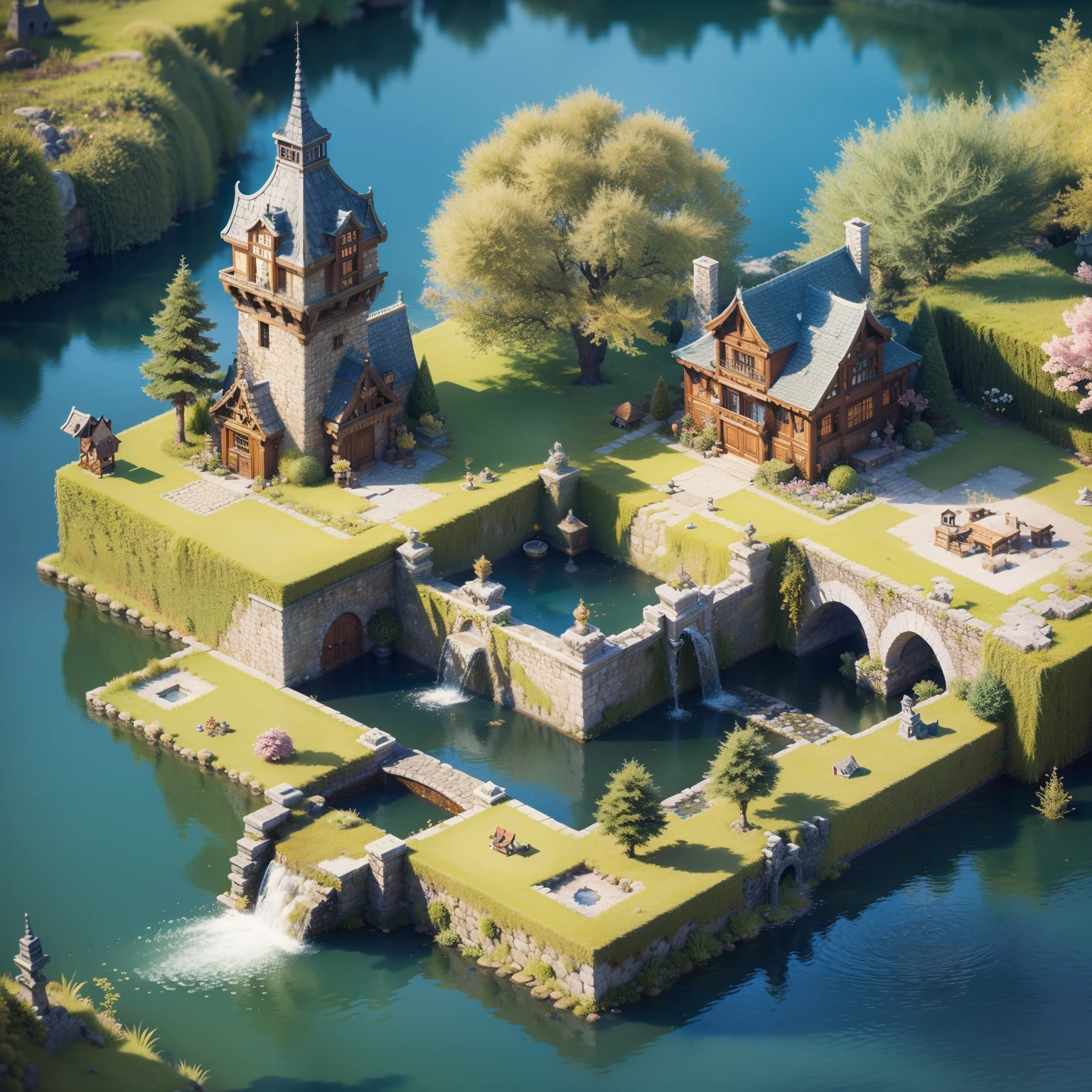 Fluffy，3d cartoon game scene，Isometric architecture，European-style palace，trpical garden，pools of water，Rockery，lotuses，small bridges，OC renderer，super-fine，Detailed portrayal，Accurate，8K，