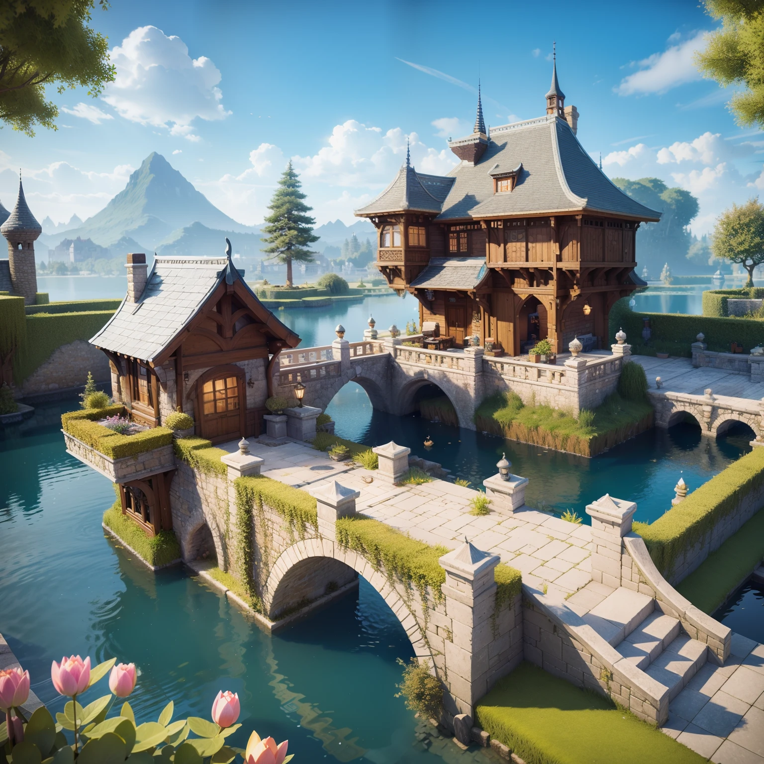 Fluffy,3d cartoon game scene,Isometric architecture,European-style palace,trpical garden,pools of water,Rockery,lotuses,small bridges,OC renderer,super-fine,Detailed portrayal,Accurate,8K,