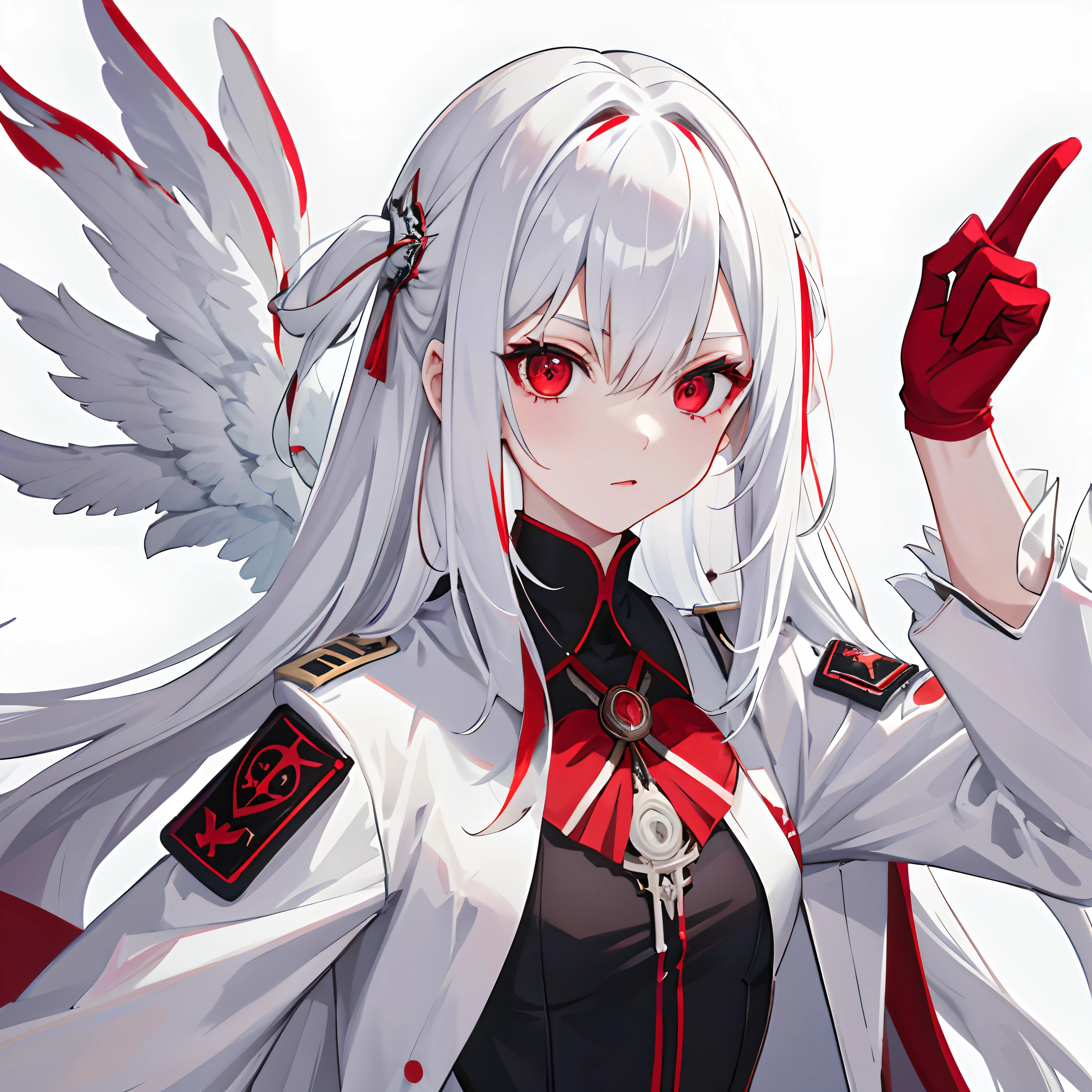 (Best Quality:1.3), (1girl in:1.2), Red Eyes, white hair, (tech wear:1.3), flat chest, The background is the ancient nobility coat of arms, Horror fantasy, portlate, Image perspective:Portrait Lens, zori, beautiful detail, Detailed hand, Black Gloves, magic school uniform, a closeup