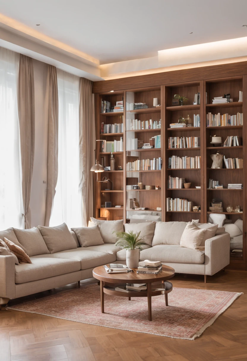 A spacious living room，Warm white walls，The entire left side of the living room is a bookcase，The bookcase is a walnut-colored cabinet，Partially open grid，Part of it is made of white cabinet doors。There is a beige sofa on the right side of the living room。The living room is connected to the balcony，Walnut colored door cover，Balconies are floor-to-ceiling windows，There is sunlight outside the window，There are greenery。