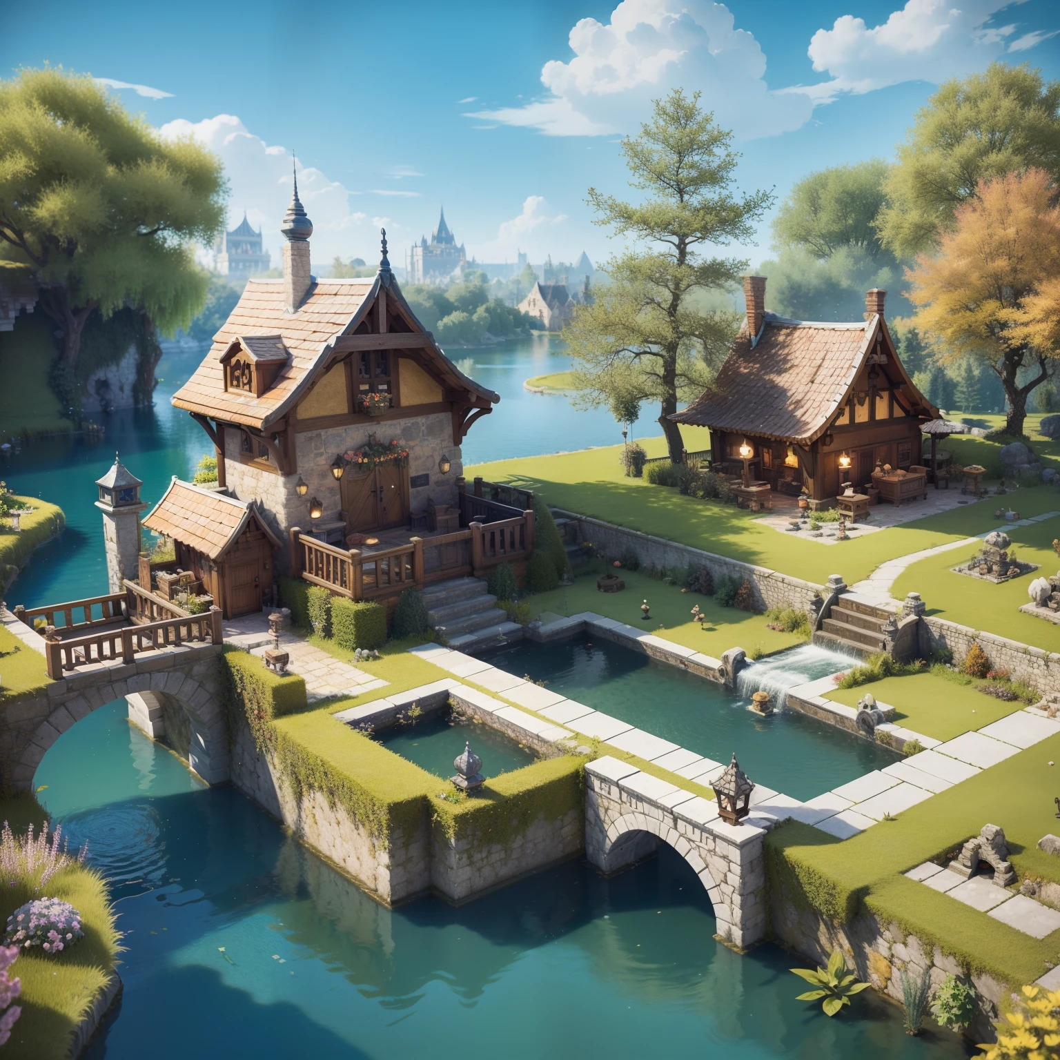 Fluffy，3d cartoon game scene，Isometric architecture，European-style palace，trpical garden，pools of water，Rockery，lotuses，small bridges，OC renderer，super-fine，Detailed portrayal，Accurate，8K，