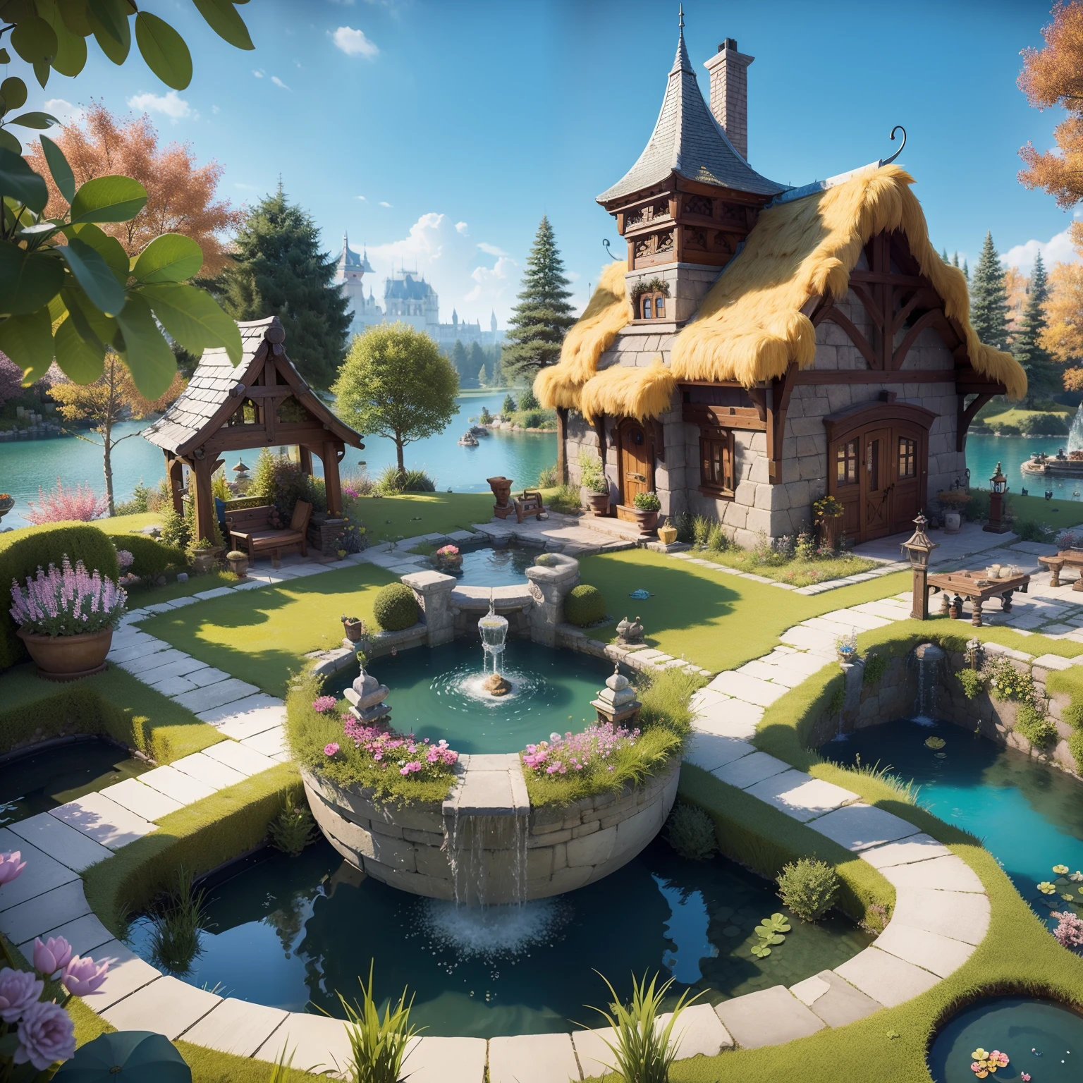 Fluffy，3d cartoon game scene，Isometric architecture，European-style palace，trpical garden，pools of water，Rockery，lotuses，small bridges，OC renderer，super-fine，Detailed portrayal，Accurate，8K，