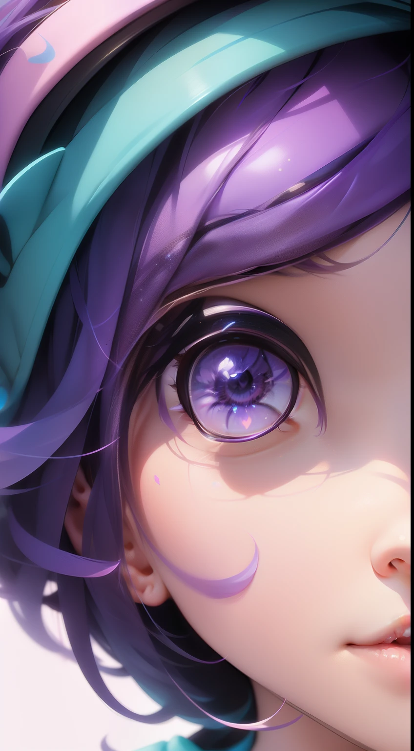 Half of the face of a Korean girl, Features realistic stroke styles and pastel colors using a purple and blue palette, With cosmos as a background and stars.