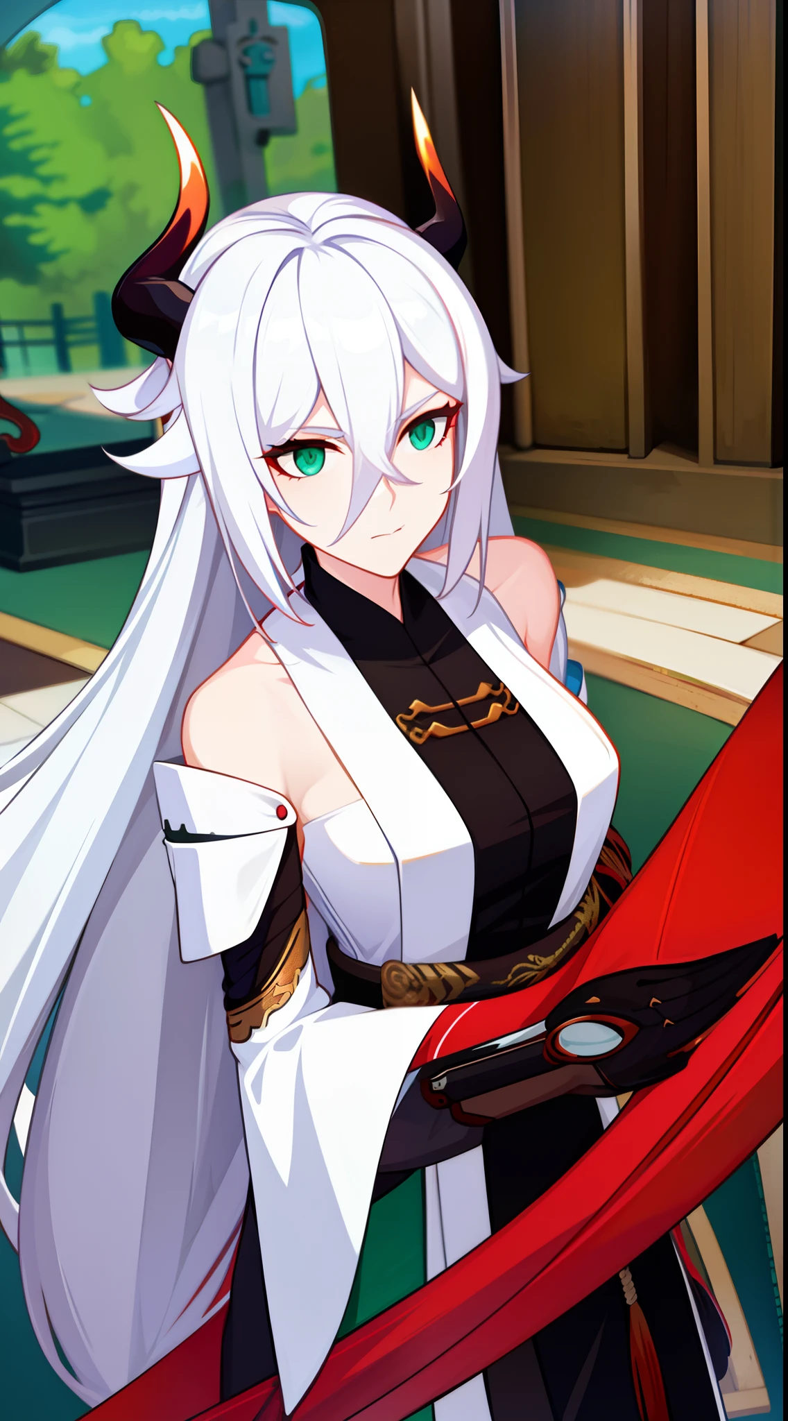 adult girl, Long white hair, Working with a horn, Green eyes, dragon tattoo, A cyborg, Hanfu, Masterpiece, hiquality