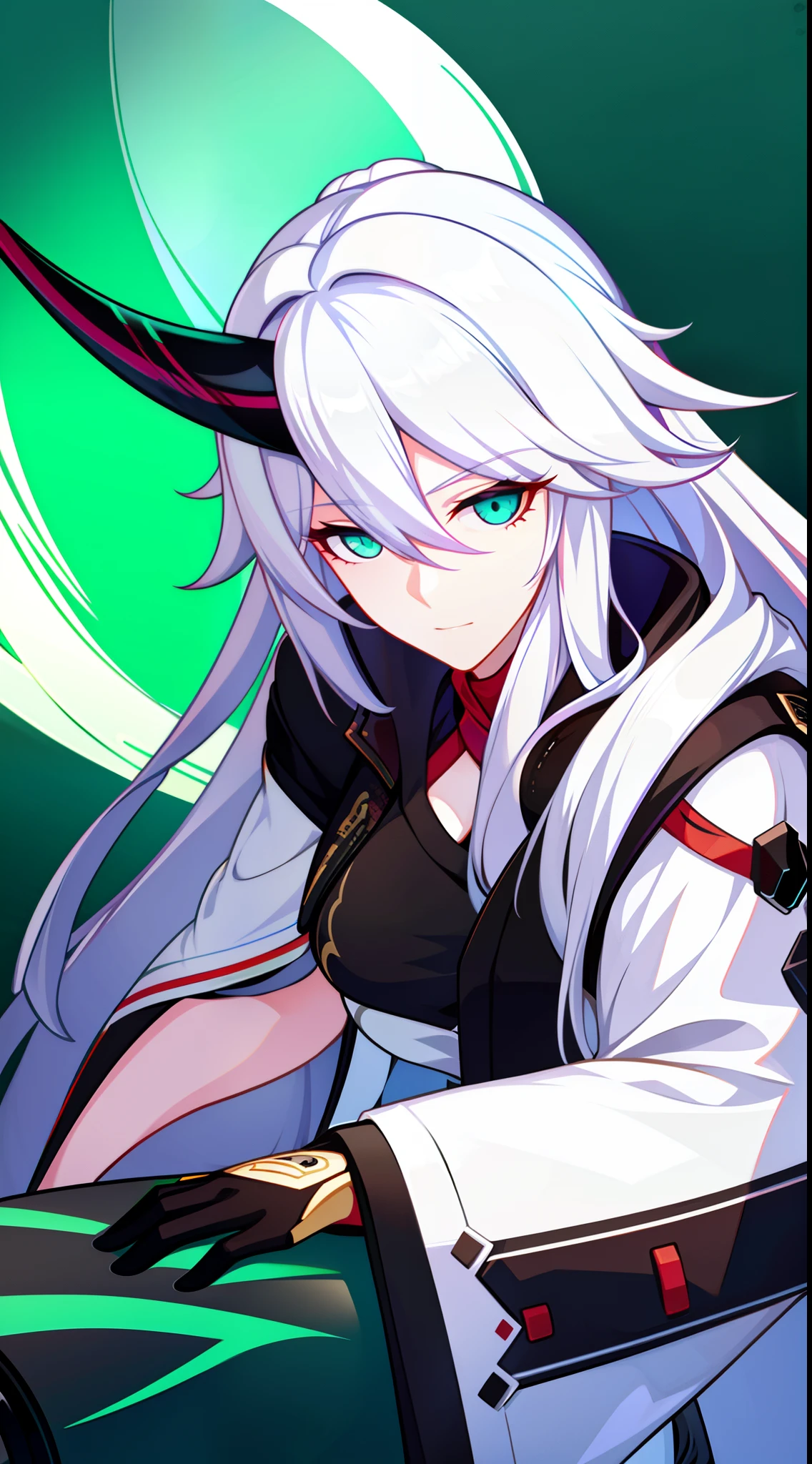 adult girl, Long white hair, Working with a horn, Green eyes, dragon tattoo, A cyborg, Hanfu, Masterpiece, hiquality