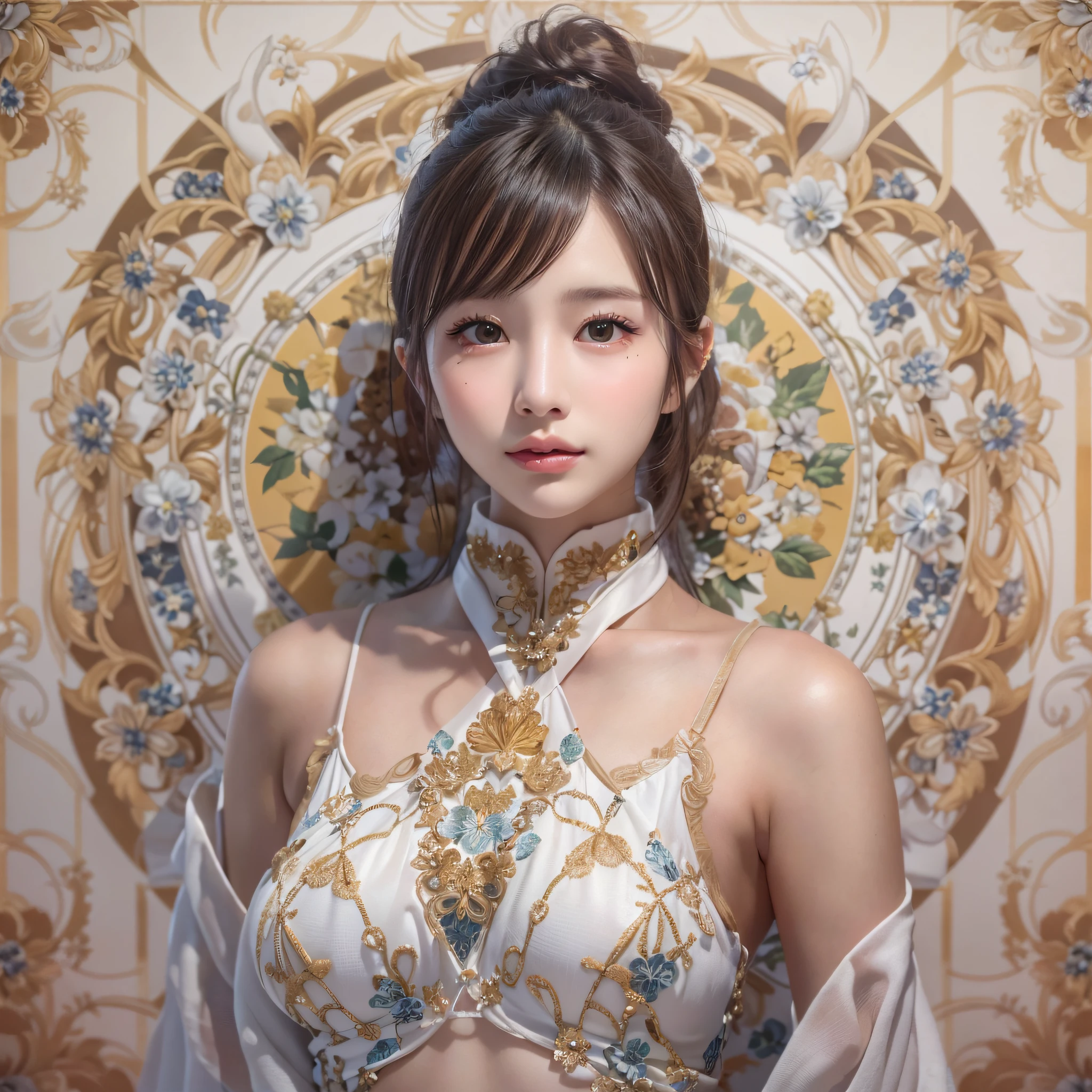 (Background, symmetrical, Compositions with coloful geometric arabesque patterns):1.3, (high shadows detail), (upper body:1.3), (poneyTail, dark brown hair), (top-quality, Photorealsitic:1.3, masterpiece:1.3, RAW Photography:1.2, cinematric light, very detailed illustration), (1woman:1.3, solo), (asian girl, ultra delicate face, ultra Beautiful fece, ultra delicate eyes, ultra detailed nouse, ultra detailed mouth, ultra detailed facial features), (white micro-bikini), (medium breast:1.3), from the front side, (shiny skin), lipgloss, Show cleavage