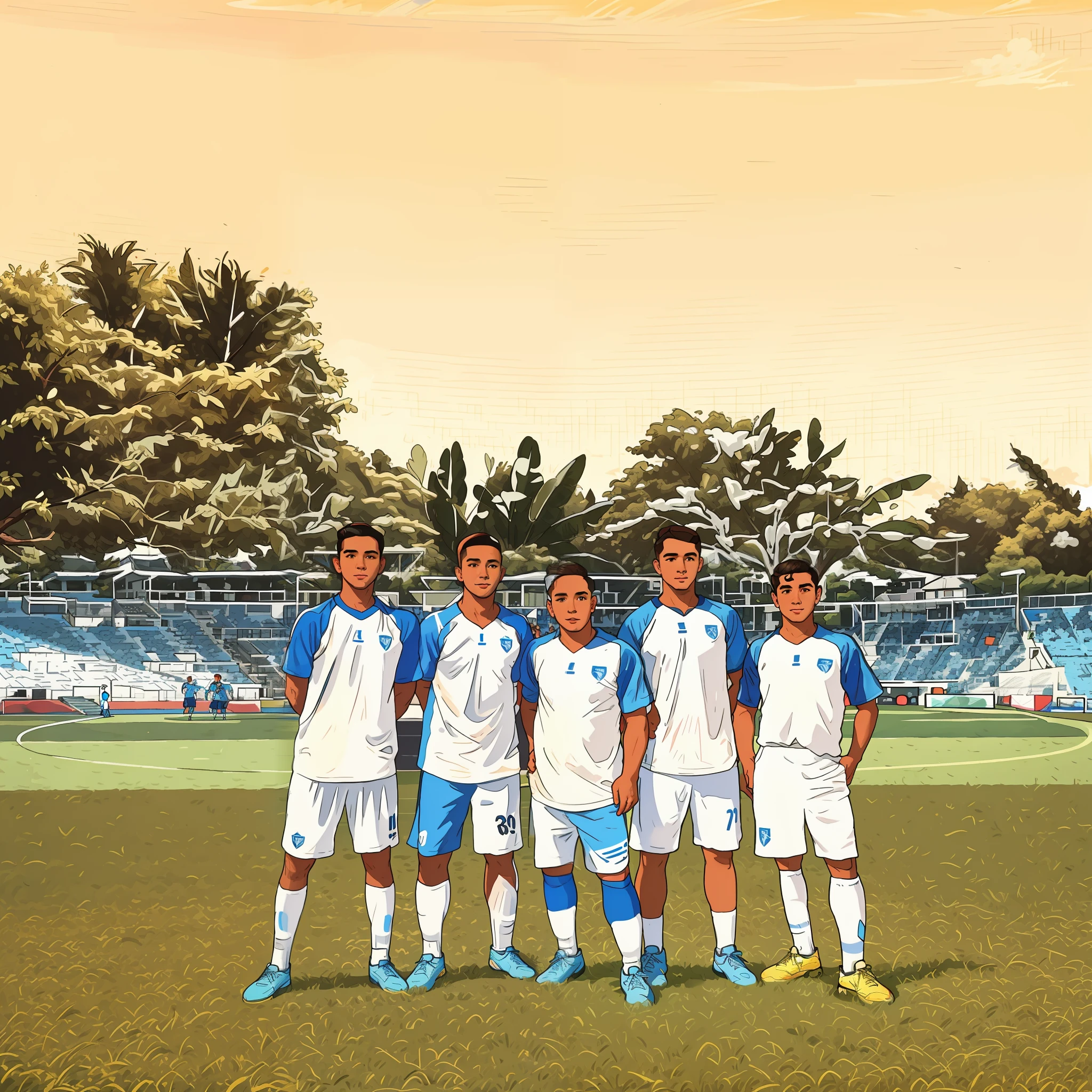 several men standing on a soccer field with a ball in their hands, retro 9 0 s, on a soccer field, wearing a white and blue school soccer uniform, the best ever, mid-shot, mid - shot, full team, shot on nikon z9, thailand, shot on sony a 7 iii, shot on canon eos r 5, taken at golden hour