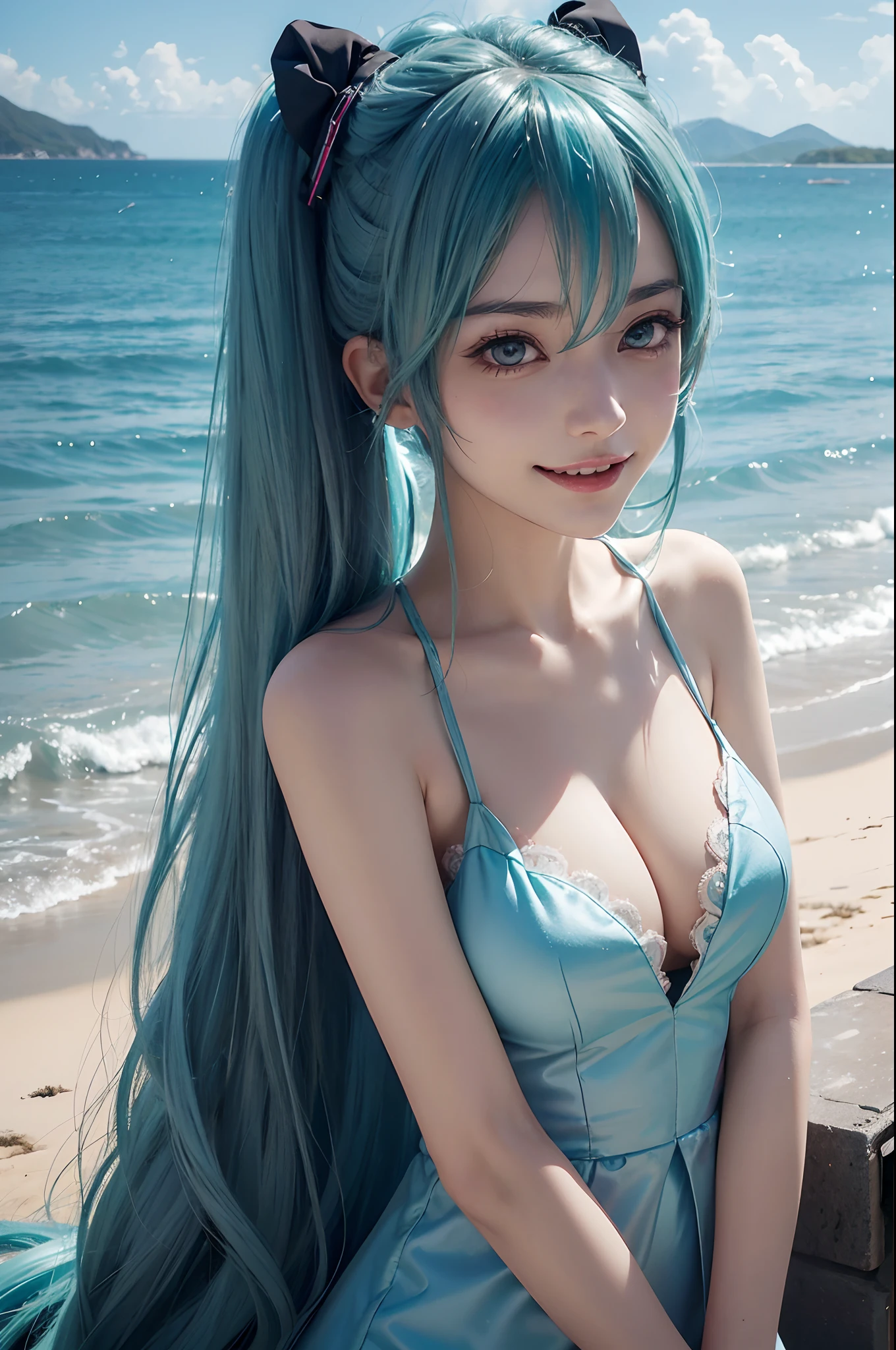 (Hatsune Miku character), Tosca hair color, Long two-tailed hair with ponies, Looking at the view, Eyes on the landscape, Smile 10 year old girl, Perfect body, Perfect anatomy, Tosca eye color, Double eyelids, Huge breasts, cleavage,Close-up shot