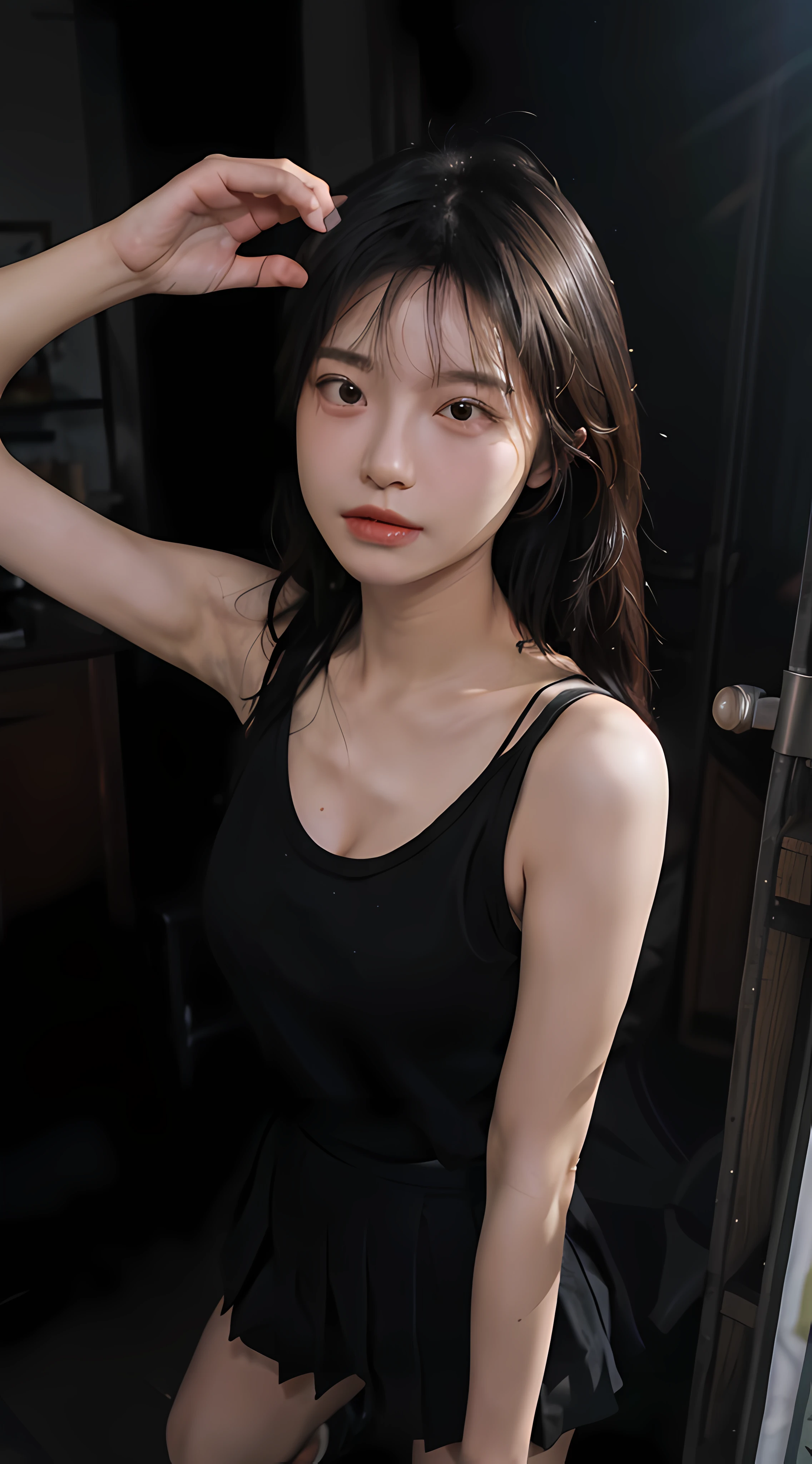 8K,best qualtiy,tmasterpiece,Black suspenders,black short skirt,超高分辨率,(真实感:1.4),RAW photogr,(True skin texture:1.3),(filmgrain:1.3),(Selfie angle),1个Giant Breast Girl,Beautiful eye and face details,tmasterpiece,Best quality at best,closeup cleavage,Full body photo