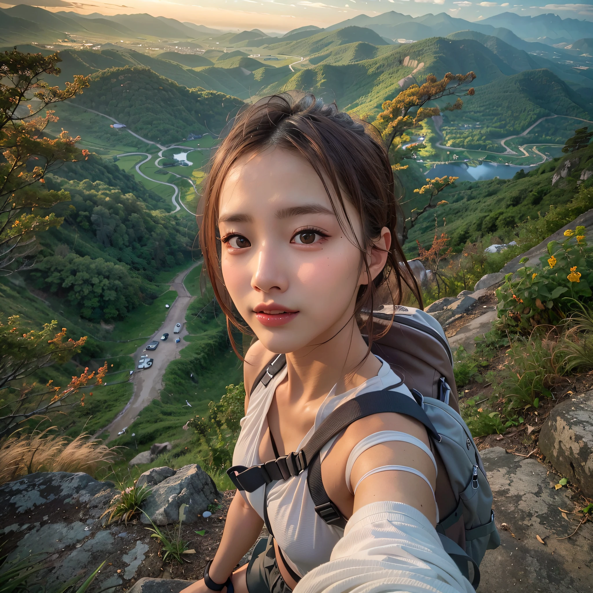 (Best Quality, hyper realistic photography), Magnificent mountain, sea of clouds, A woman watching the sunset, selfee, ((UPPER BODY)), white t-shirts, Trekking shorts, trekking boots, rucksack,  (ultra delicate face, ultra Beautiful fece, ultra delicate eyes, ultra detailed nose, ultra detailed mouth, ultra detailed facial features), Beautie, 18year old