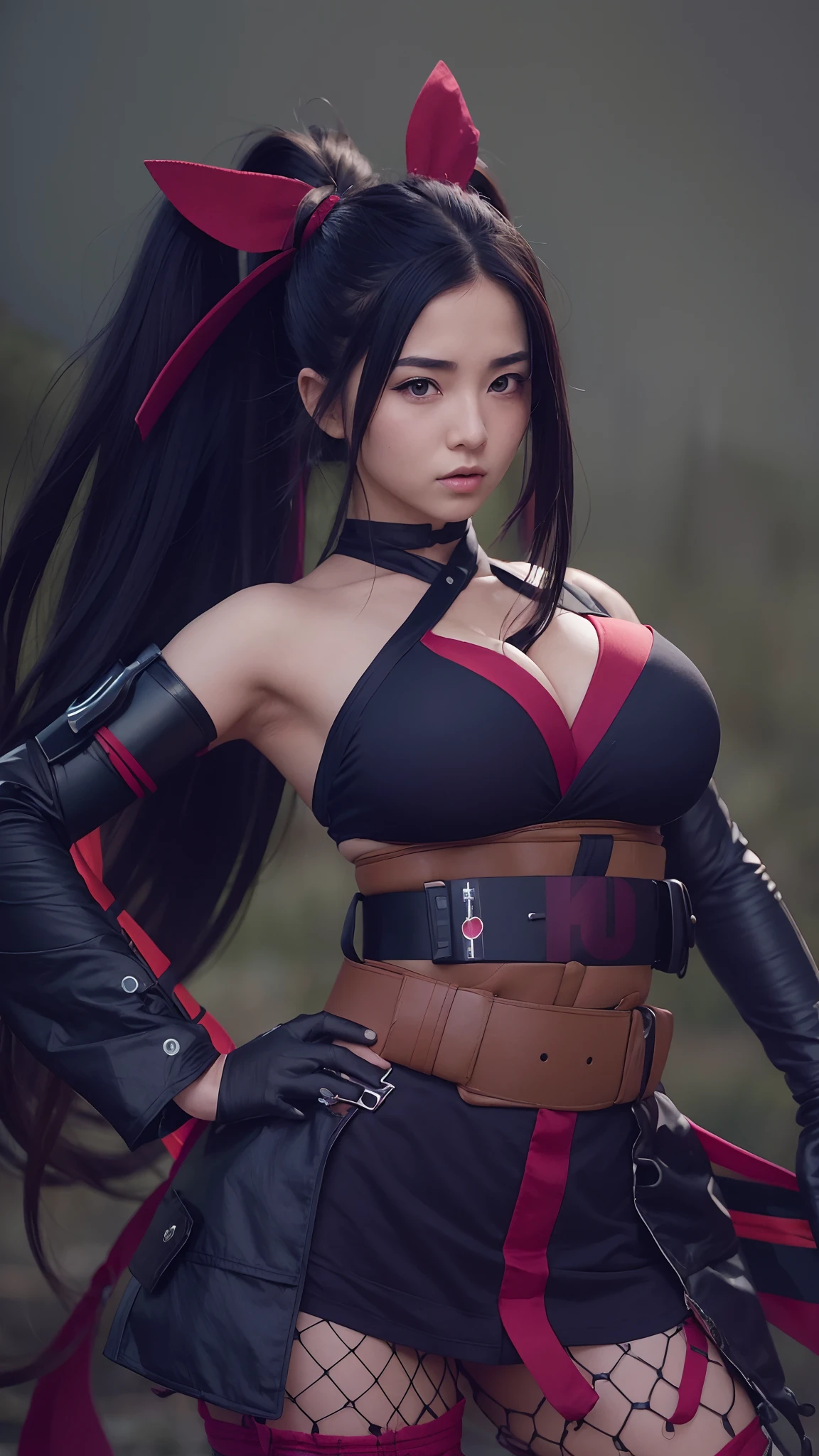 (1girl), kunoichi, long hair,black hair, pony tail, wearing red hair tie, butterfly cover hair tie, big tits, big boobs, realistic, Ultra HD, ultra detail, 70mm lens,