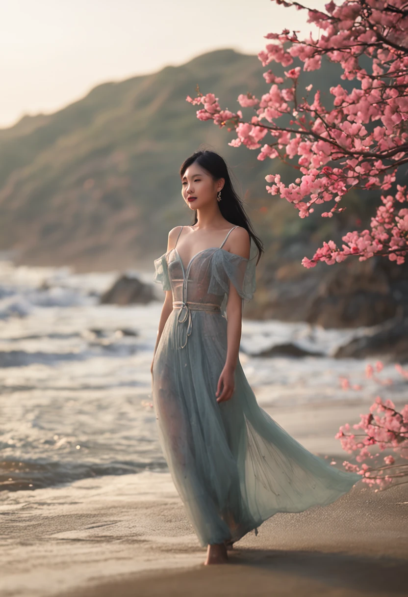 A beautiful Chinese girl standing by the sea in a see-through outfit,light breeze.8K Ultra Clear