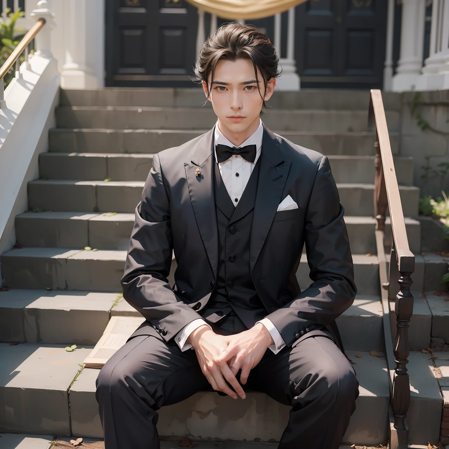 Male gentleman with little hair on the top of his head with a sad face、Gentleman in tuxedo、He is dressed like a butler and his spine is pin.、Very good posture、Quietly waiting for the return of the master on the landing of the stairs of a medieval mansion、A full body shot、Masterpiece image quality、supreme、The Masterpiece、masterece-piece、Beautiful finish、