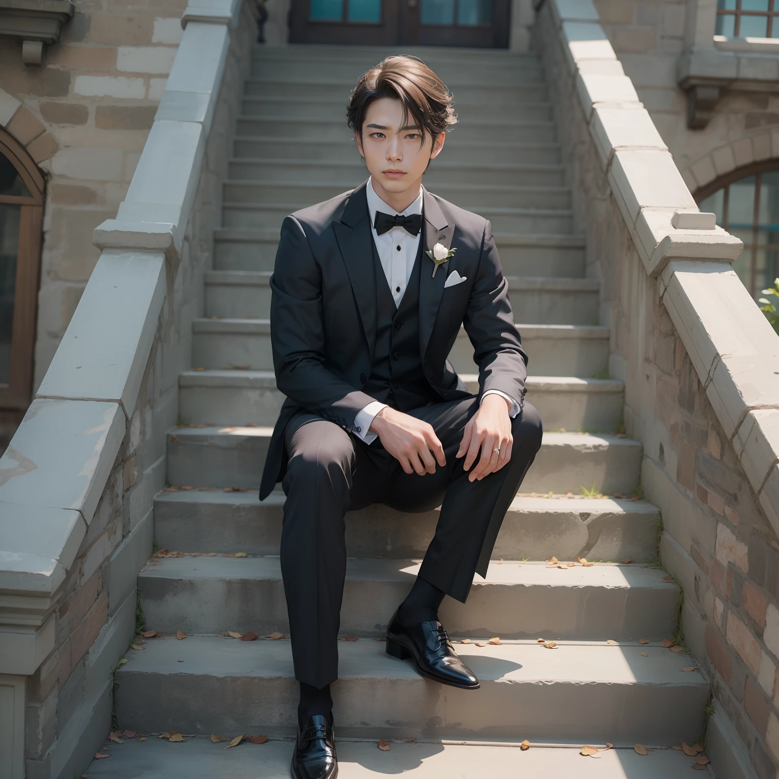Male gentleman with little hair on the top of his head with a sad face、Gentleman in tuxedo、He is dressed like a butler and his spine is pin.、Very good posture、Quietly waiting for the return of the master on the landing of the stairs of a medieval mansion、A full body shot、Masterpiece image quality、supreme、The Masterpiece、masterece-piece、Beautiful finish、