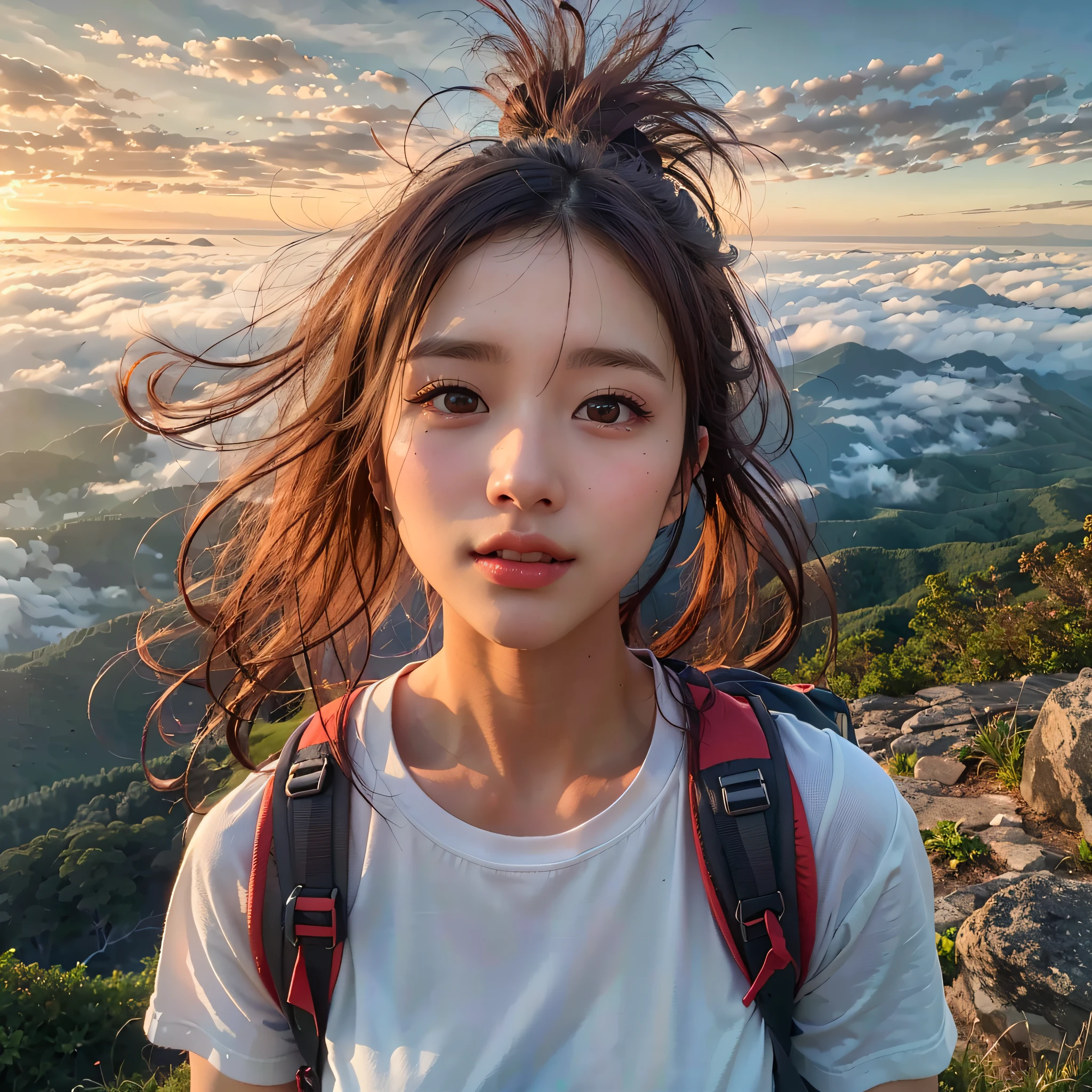 (Best Quality, hyper realistic photography), Magnificent mountain, sea of clouds, A woman watching the sunset, selfee, ((UPPER BODY)), white t-shirts, Trekking shorts, trekking boots, rucksack, (ultra delicate face, ultra Beautiful fece, ultra delicate eyes, ultra detailed nose, ultra detailed mouth, ultra detailed facial features), Beautie, 18year old