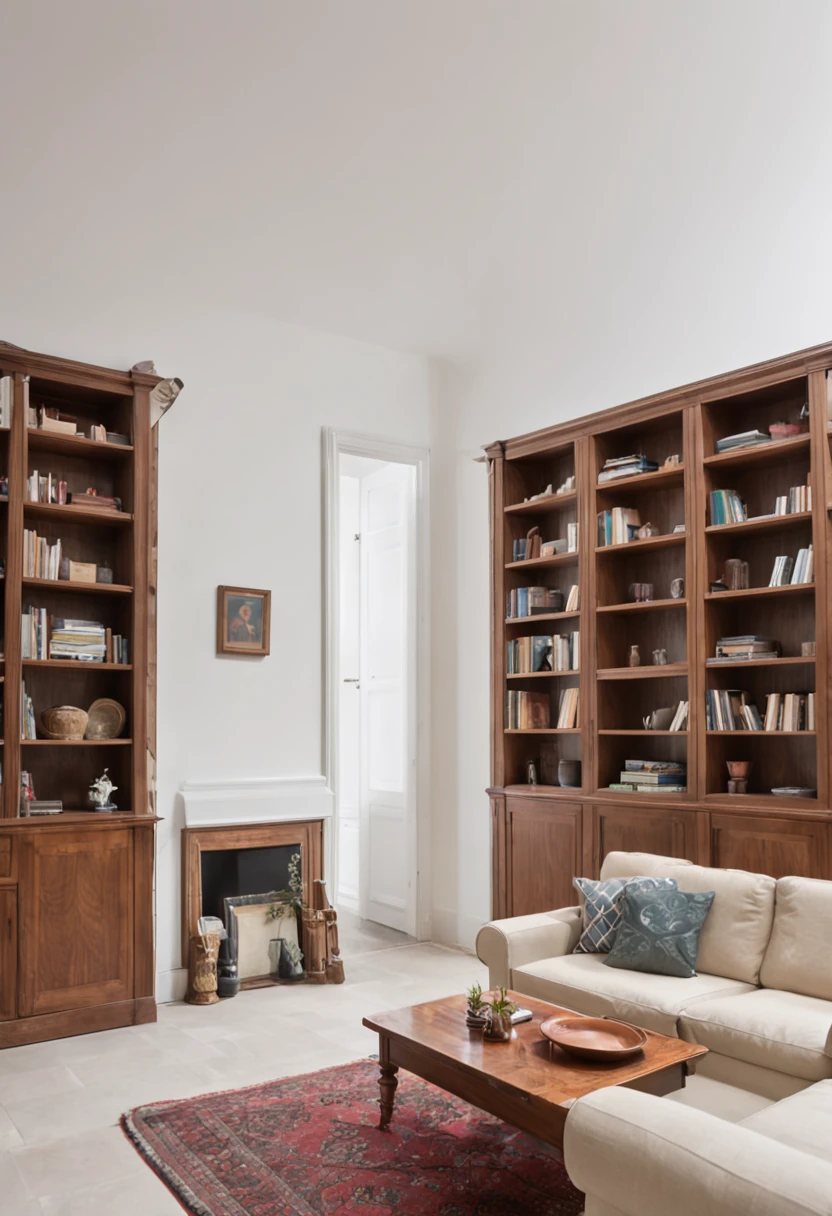 A spacious living room,Warm white walls,The entire left side of the living room is a bookcase,The bookcase is a walnut-colored cabinet,A small number of cabinets are open compartments,Half of the cabinets have white doors,The whole cabinet is white with walnut color matching。There is a beige sofa on the right side of the living room。The living room is connected to the balcony,Walnut colored door cover,Balconies are floor-to-ceiling windows,There is sunlight outside the window,There are greenery。