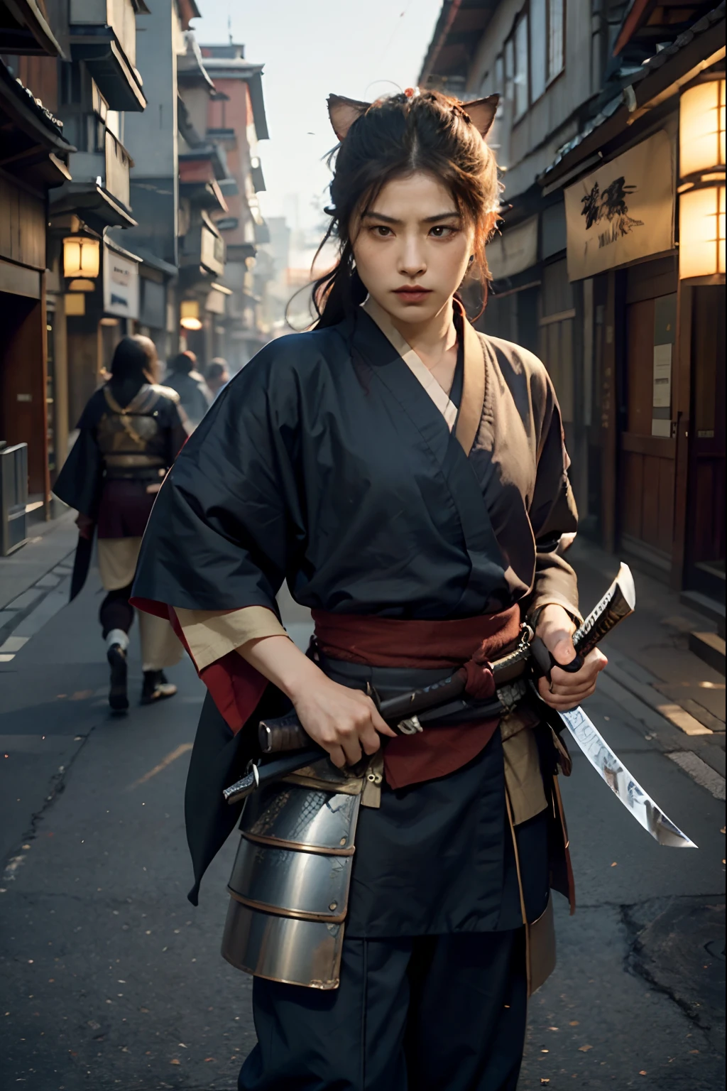 c4ttitude, samurai, vigilant, Yeux en amande, furrowed brow, fourrure lisse, guerrier, disciplined, focused, Armored kimono, Guarded cover, acier, pattes griffues, Katana, feudal Japan, rue, honorer, duel, Confrontation scene,