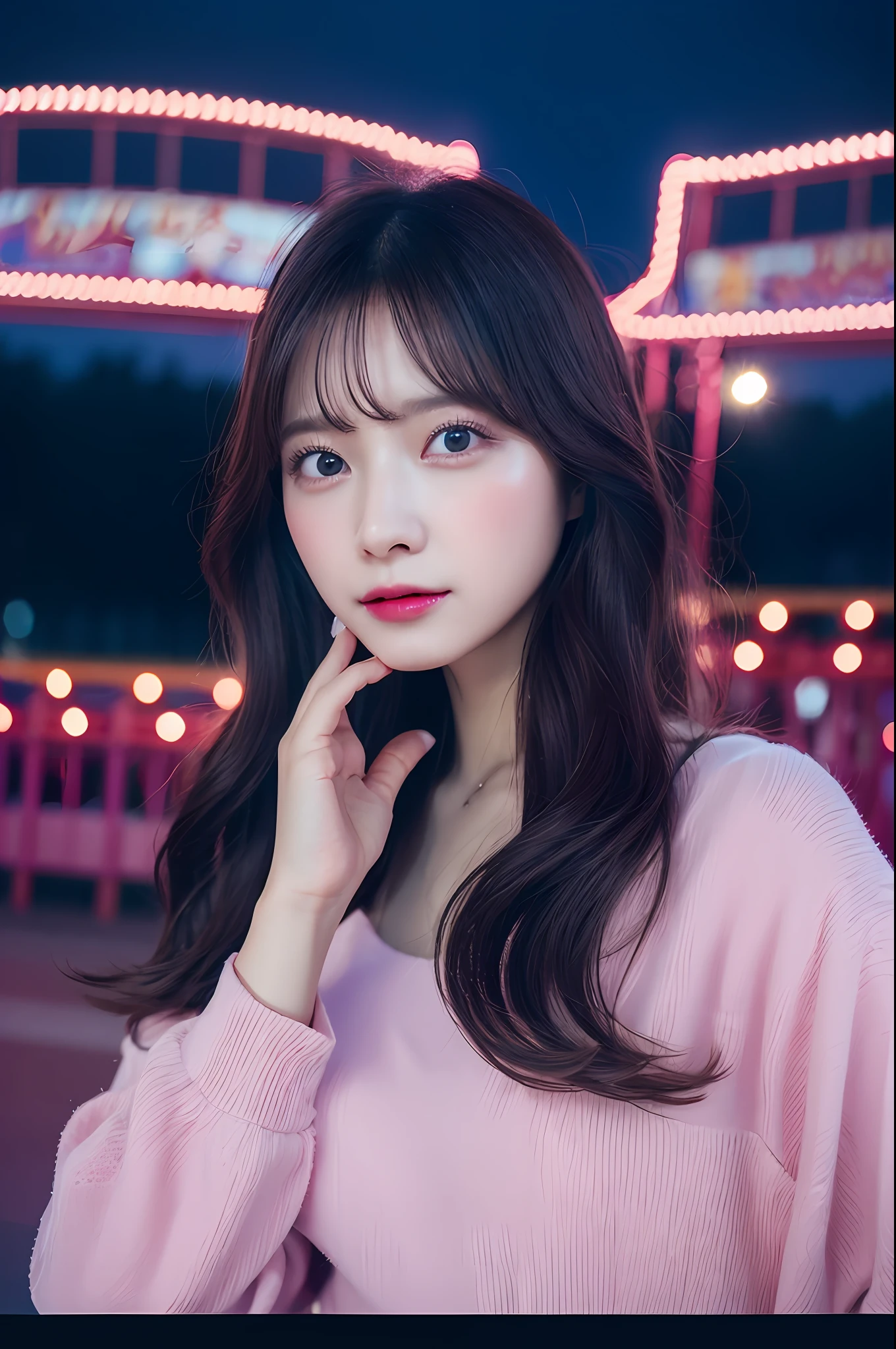 1girl in, Super beautiful girl, Dream Girl, Wearing pink, ulzzangs, Dancing, Concert in amusement park in the background, Lightning in the sky, Ultra Details, A hyper-realistic, Cinematic , Octane Render, K,A dark-haired