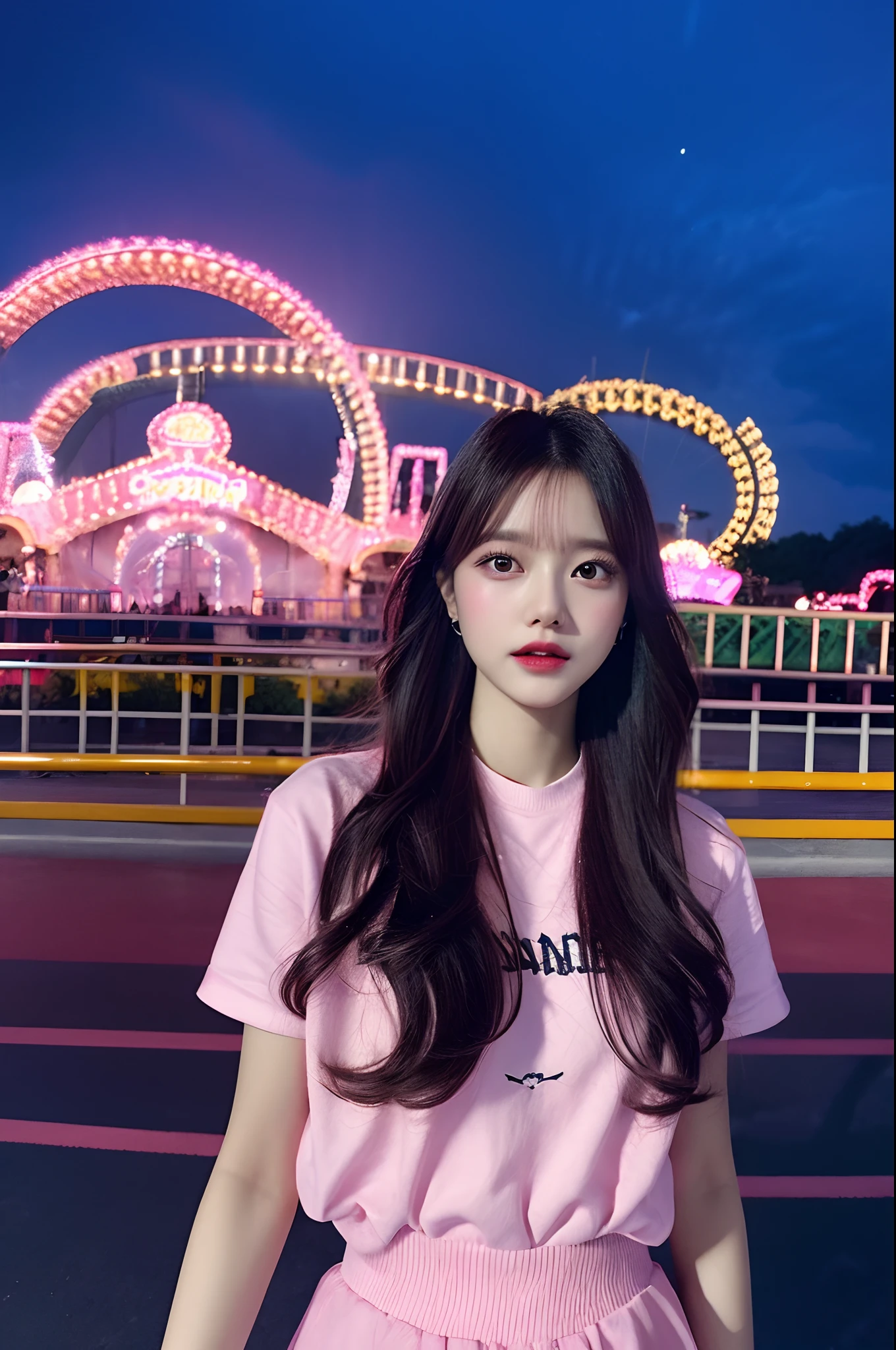 1girl in, Super beautiful girl, Dream Girl, Wearing pink, ulzzangs, Dancing, Concert in amusement park in the background, Lightning in the sky, Ultra Details, A hyper-realistic, Cinematic , Octane Render, 16 K,A dark-haired