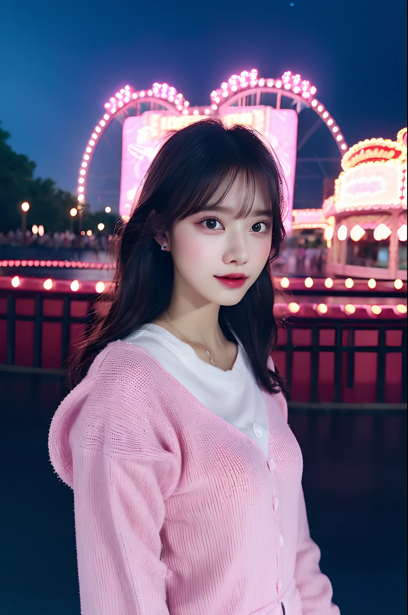 1girl in, Super beautiful girl, Dream Girl, Wearing pink, ulzzangs, Dancing, Concert in amusement park in the background, Lightning in the sky, Ultra Details, A hyper-realistic, Cinematic , Octane Render, 16 K，A dark-haired