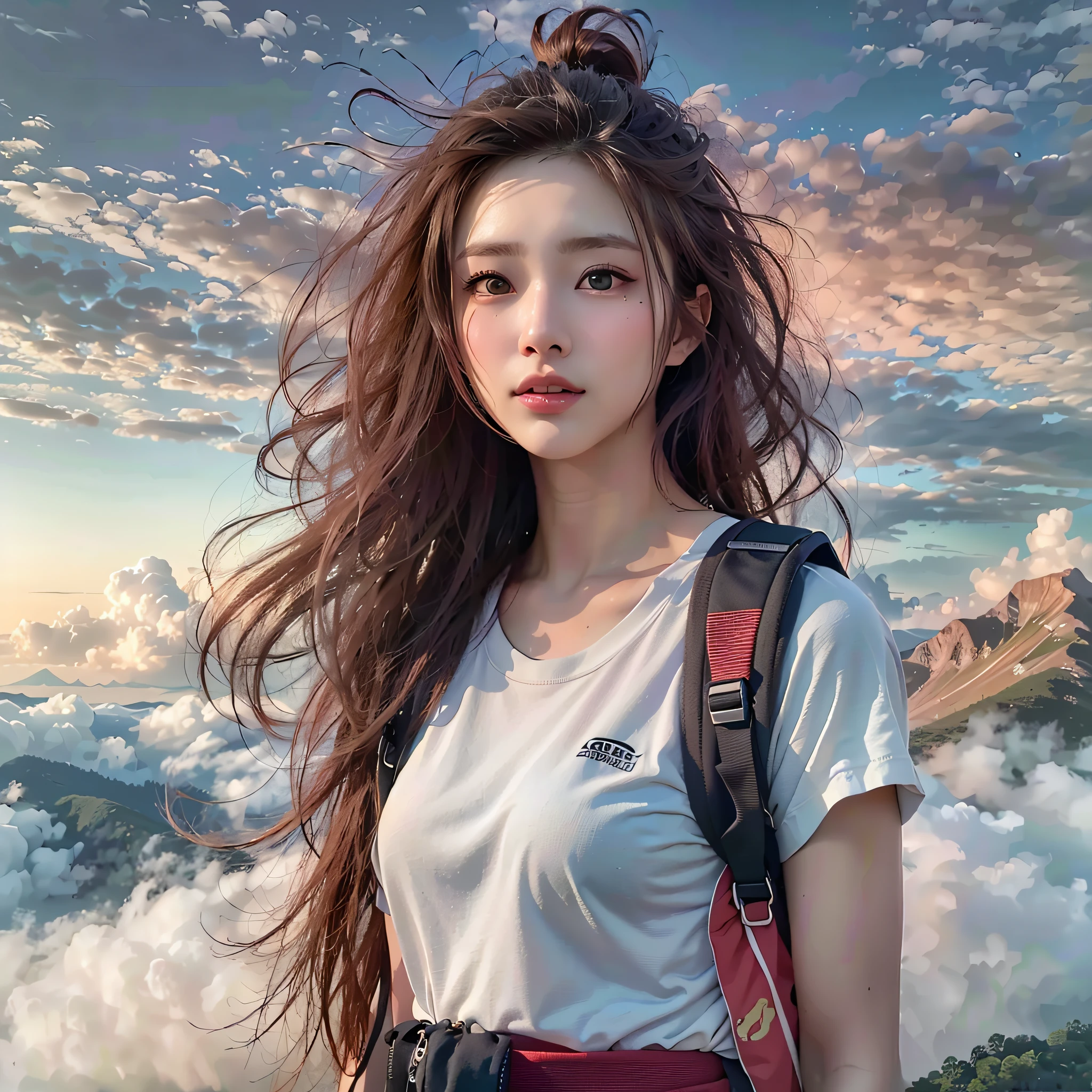 (Best Quality, hyper realistic photography), Magnificent mountain, sea of clouds, A woman watching the sunset, ((UPPER BODY)), white t-shirts, Trekking shorts, trekking boots, rucksack,  (ultra delicate face, ultra Beautiful fece, ultra delicate eyes, ultra detailed nose, ultra detailed mouth, ultra detailed facial features), Beautie, 18year old