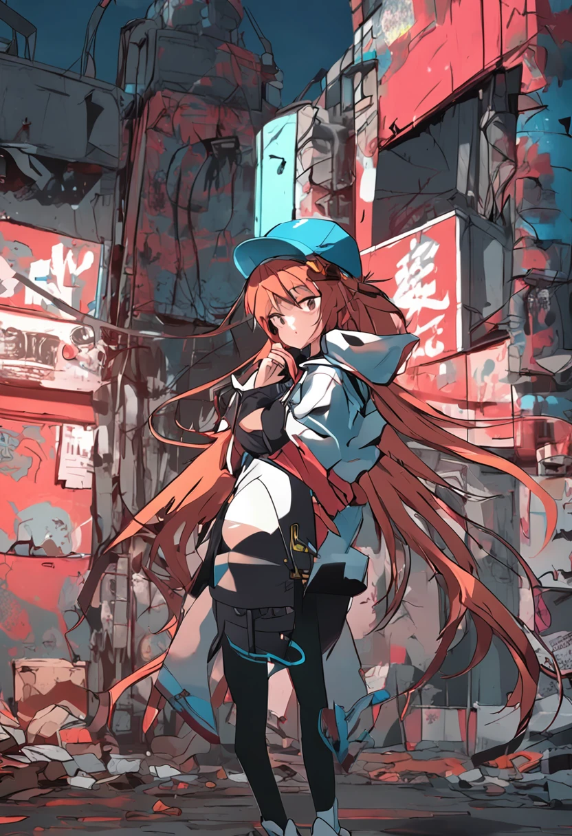 Anime girl with long hair and hat standing in front of graffiti wall, guilty gear art style, urban girl fanart, inspired by Li Shida, Hard edges! scribbles, Guilty Gear strives to splash art, Epic anime style, cushart kenz, style of anime4 K, cyberpunk anime girl, anime cyberpunk art, author：Ei-Q, graffiti in background