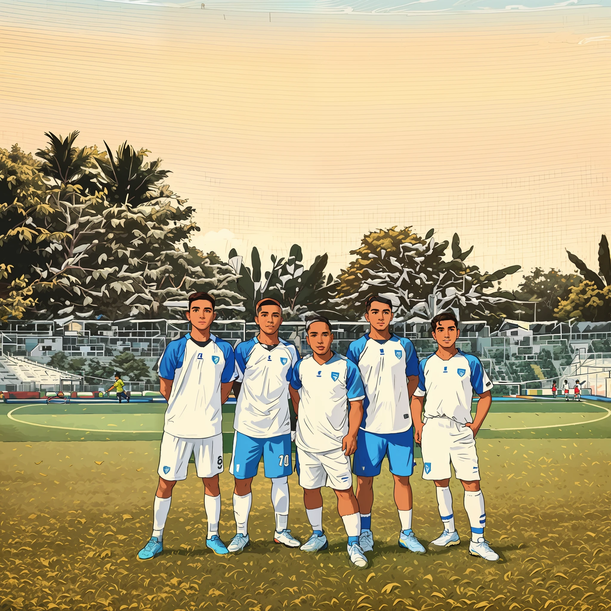 several men standing on a soccer field with a ball in their hands, retro 9 0 s, on a soccer field, wearing a white and blue school soccer uniform, the best ever, mid-shot, mid - shot, full team, shot on nikon z9, thailand, shot on sony a 7 iii, shot on canon eos r 5, taken at golden hour