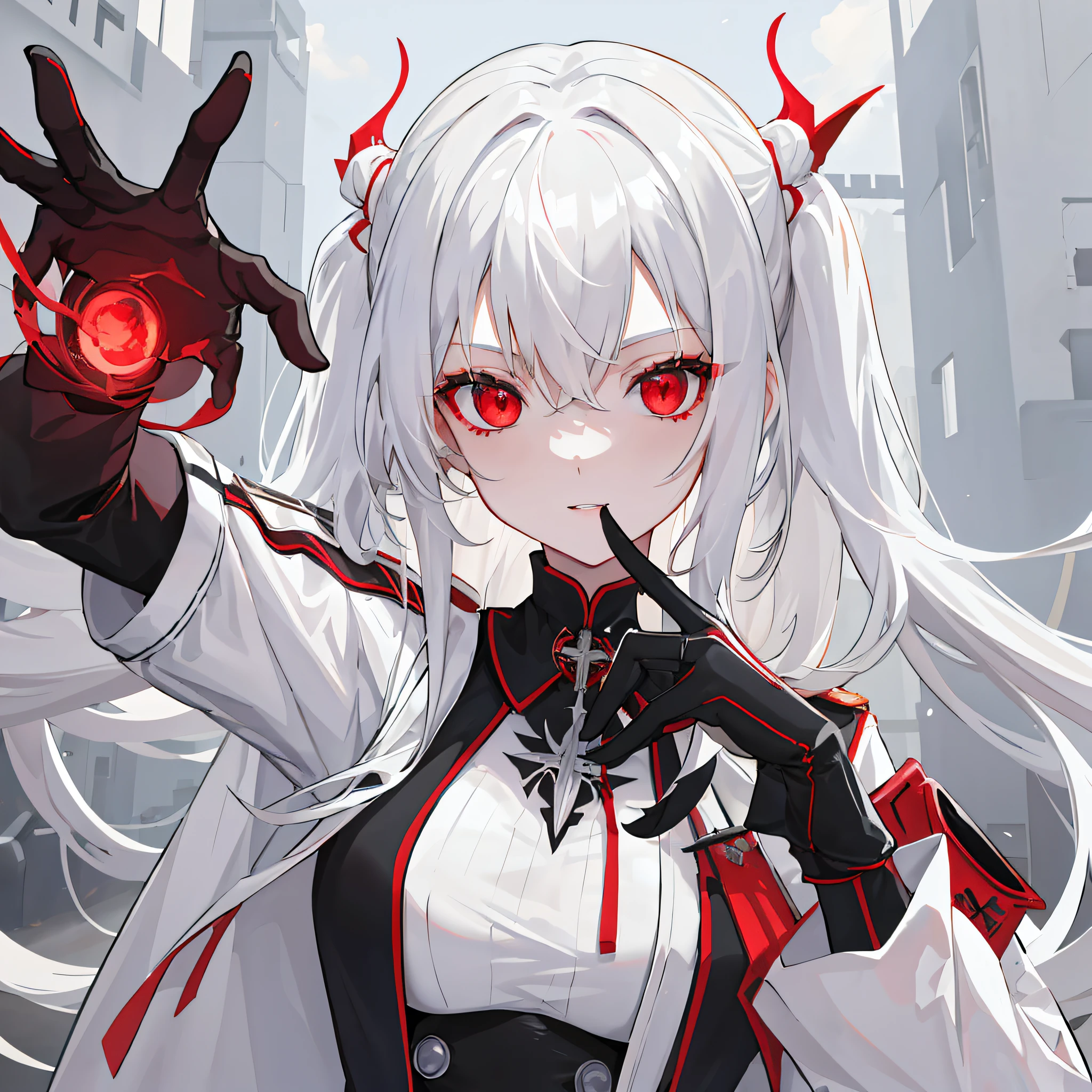 (Best Quality:1.3), (1girl in:1.2), Red Eyes, white hair, (tech wear:1.3), flat chest, The background is the coat of arms of the ancient nobility, Horror fantasy, portlate, Image perspective:Portrait Lens, zori, beautiful detail, Detailed hand, Black Gloves, magic school uniform, a closeup