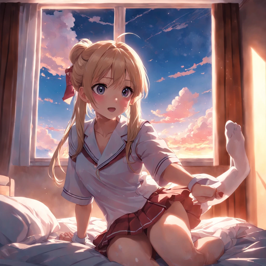tmasterpiece，best qualtiy，cinematic Film still from，1girl，Cloud Girl，Floating in the sky，closeup cleavage，brightly，cheerfulness，Warm and soft lighting，the sunset，NSFW Girl JK Uniform Pink Pleated Skirt Bed Bedroom Creampie  Student Pure Extreme Quality White Calf Socks Black Single Ponytail Barefoot Close Up Focus Split Legs In Bed Sweat Behind  White Skin Girl Open White Stockings Drunk Smile