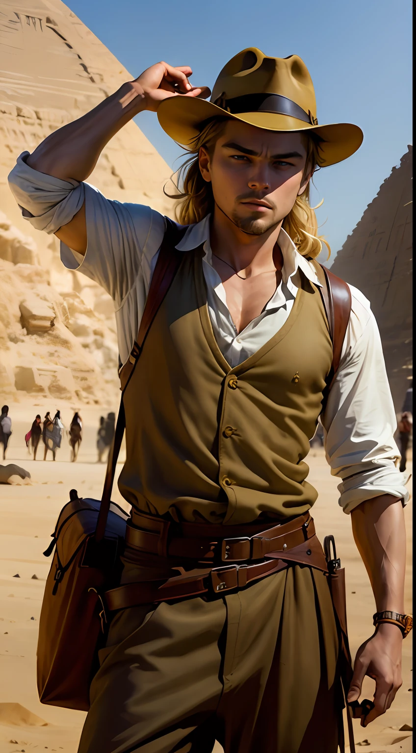 Leonardo Dicaprio as Indiana Jones,Archaeological explorer uniform,Hat,whip,in egypt,pyramid,movie set,Realistic, golden hair,Handsome uncle