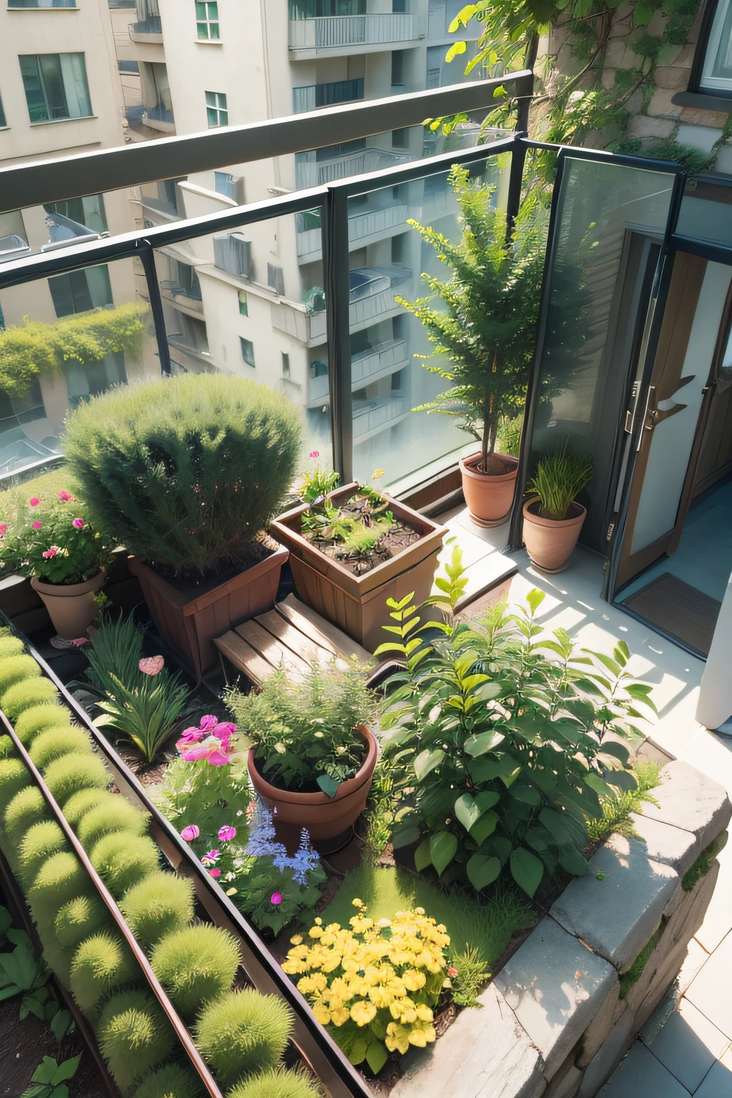 green space grown at the balconies, green tone, outside-in view, 8k photo, realistic photo.