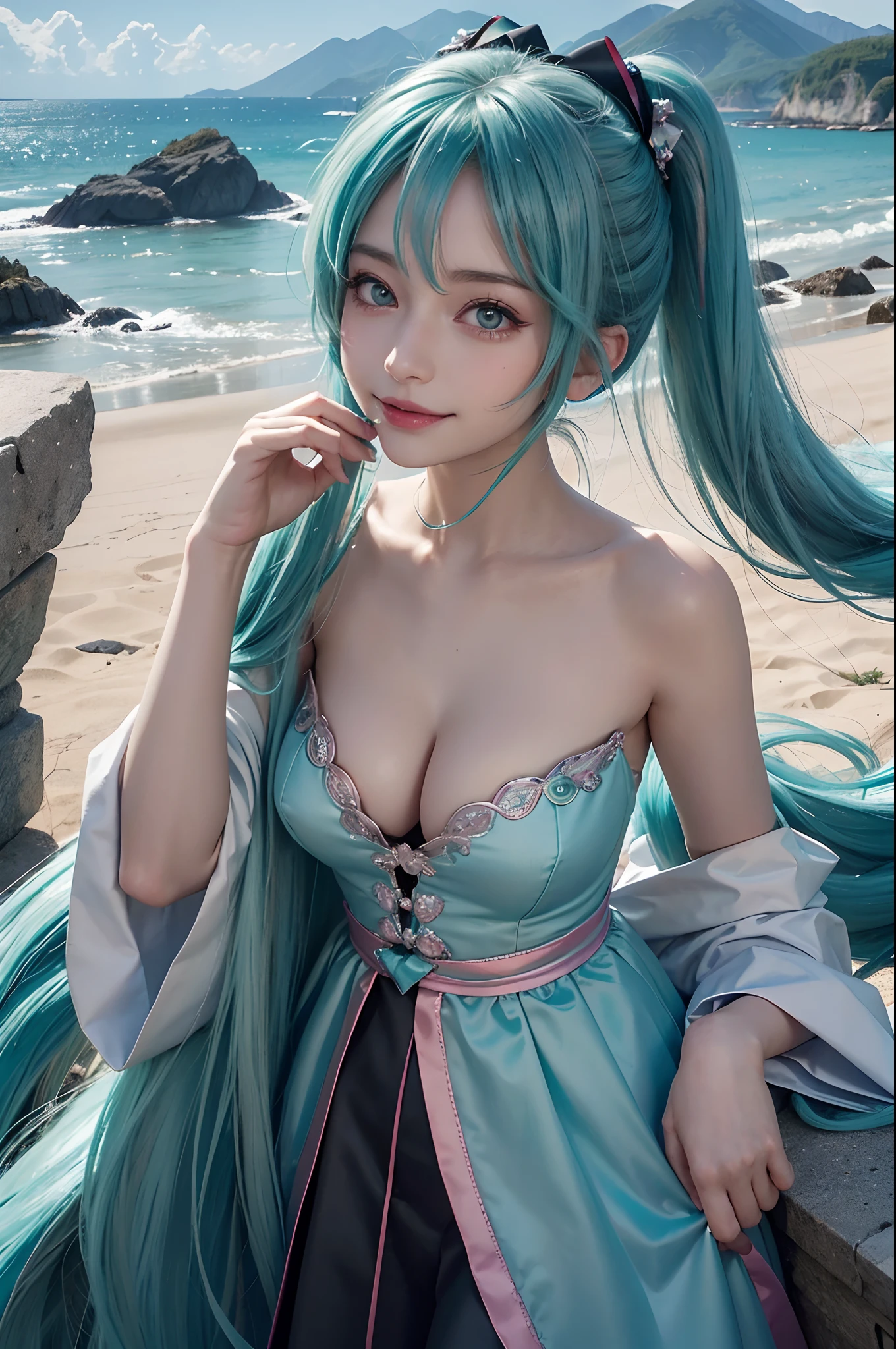 (Hatsune Miku character), Tosca hair color, Long two-tailed hair with ponies, Looking at the view, Eyes on the landscape, Smile girl, Perfect body, Perfect anatomy, Tosca eye color, Double eyelids, Huge breasts, cleavage,Close-up shot