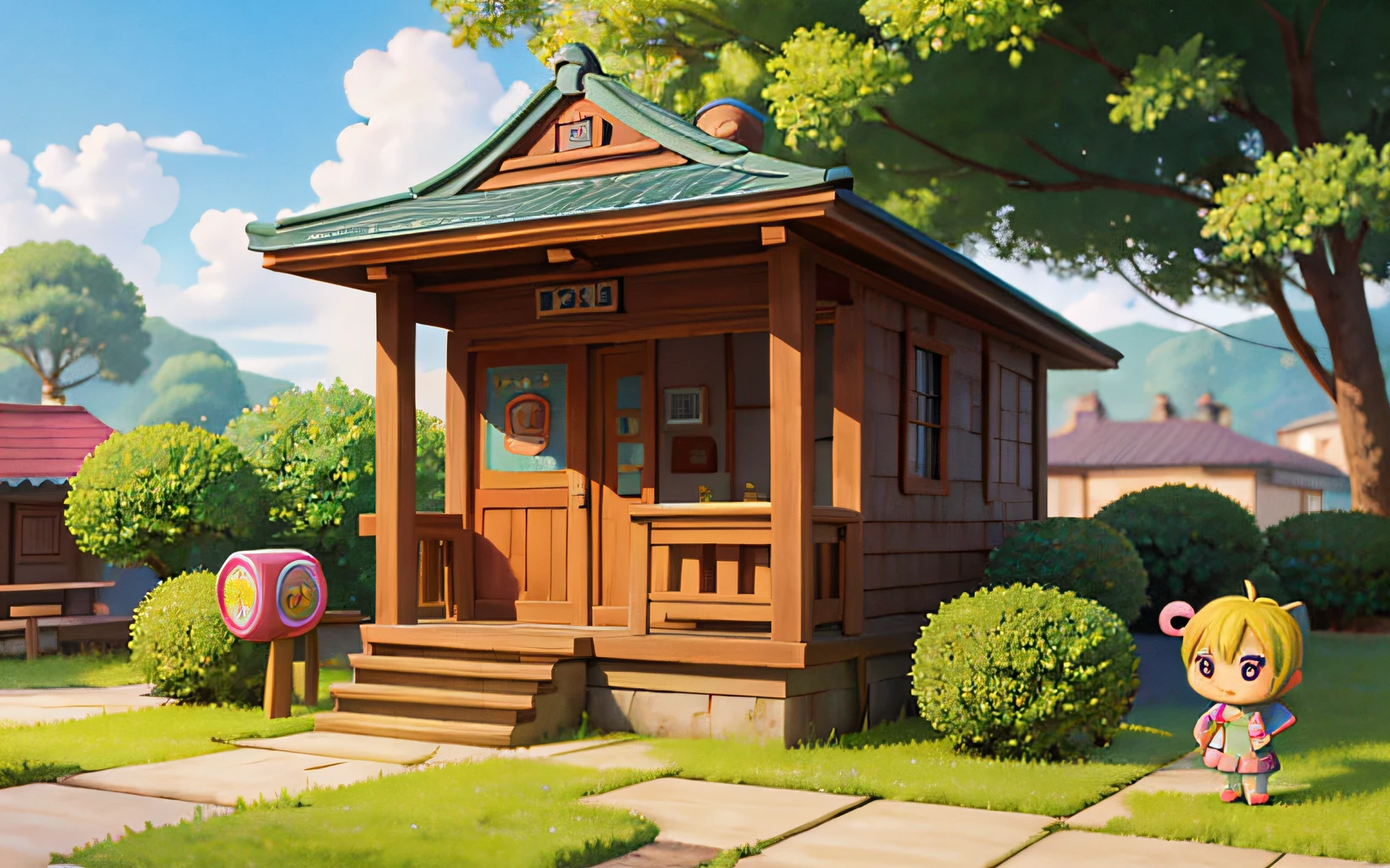 masterpiece、top-quality、outside of house、Mini Landscape、1960s-era、Candy shop、hayao myiazaki、Akira Toriyama、Anime style