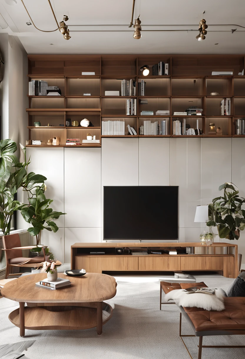 Design a creamy living room,The living room has a wall full of bookcases,The bookcase is a light walnut wood,Part of it is an open grid,Some of them have cabinet doors,The color of the cabinet door is white。