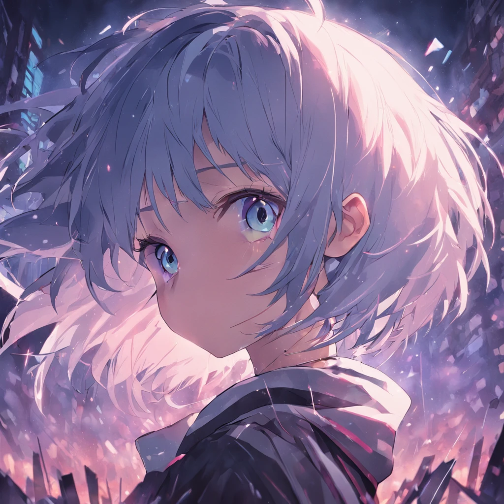 Silvery hair,short detailed hair, Black eyes,Sad eyes,blue and white sportswear,Music studio,creation
