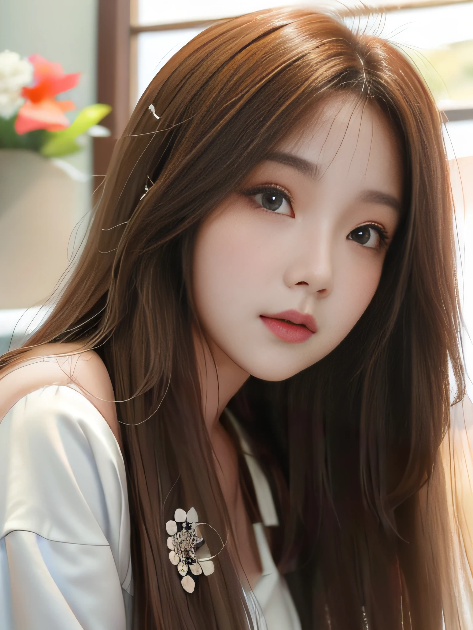 a close up of a woman with long hair wearing a white top, jaeyeon nam, tzuyu from twice, Larisa Manobal, Portrait of female Korean idol, Hwang Se - On, girl cute-fine-face, Korean Girl, by Tadashi Nakayama, lee ji - eun, lee ji-eun, Beautiful young Korean woman, ulzzangs