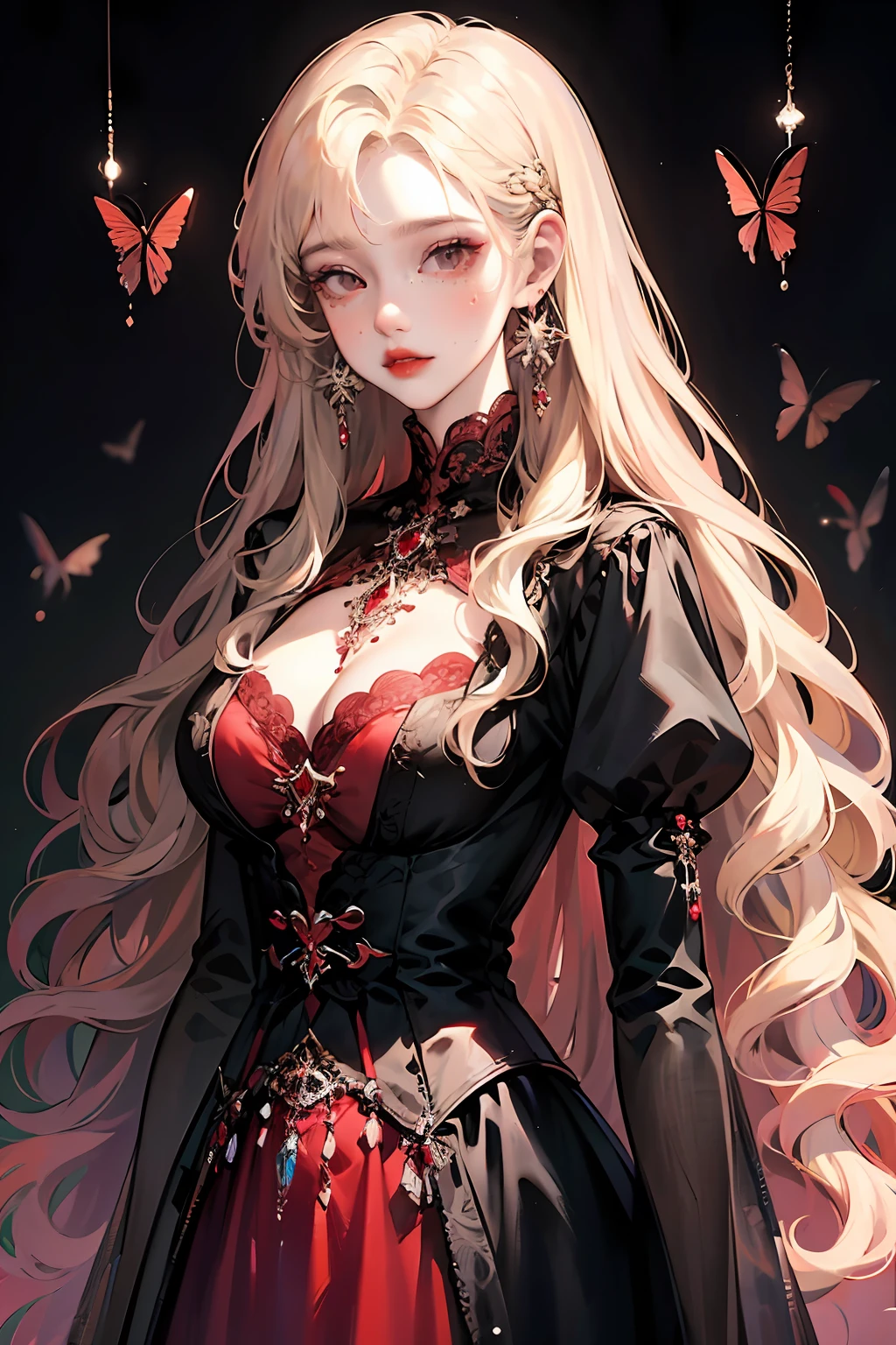 a beautiful woman with absurdly long blonde hair, red eyes, big breast, red lipstick, wearing a rococo dress with a red corset with black lace, a wide red skirt with lots of black lace and ruby ​​inserts,  ong and thin black winter cape with fleece, elbow black gloves, royalty, red and translucent butterflies around, an anime drawing inspired by Yanjun Cheng, Pisif, Fantasy art, blonde flowing hair, Long curly blobde hair, Guviz, a beautiful anime portrait, Guviz-style artwork, in the art style of bowater, Anime girl with long hair, blonde wavy hair, Beautiful anime style