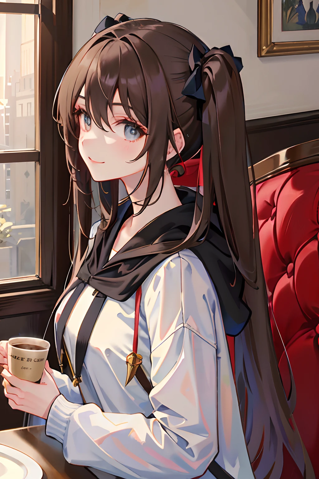 (masterpiece, sidelighting, ultra-detailed, fine detailed beautiful eyes: 1.2), 1girl, bag, building, from side, hood, hood down, hooded jacket, hoodie, jacket, long hair, profile, brown hair , 独奏,caffe interior, The upper part of the body, Masterpiece, best quality,petty eyes, earing, cute, plate breast, look at viewer, smiling,twintail hair