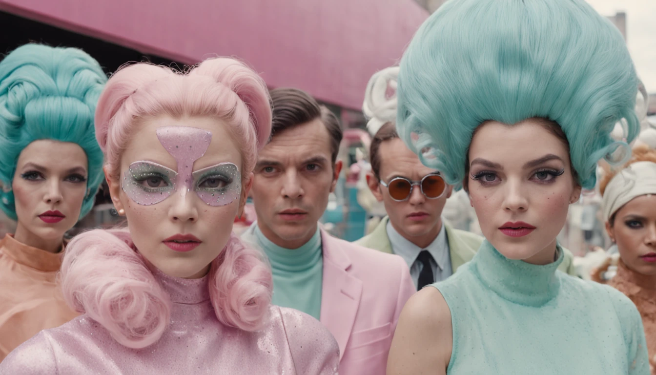 8k portrait of a 1960s science fiction film by Wes Anderson, Vogue anos 1960, pink pastel colors, amarelo, azul, verde, There are people wearing weird futuristic chameleon masks and wearing extravagant retro fashion outfits and men and women wearing alien makeup and old ornaments with mechanical pets in town, Luz Natural, Psicodelia, futurista estranho, fotorrealista, hiper detalhado, foco nítido, Intrinsic, Fuji filmes 55mm,