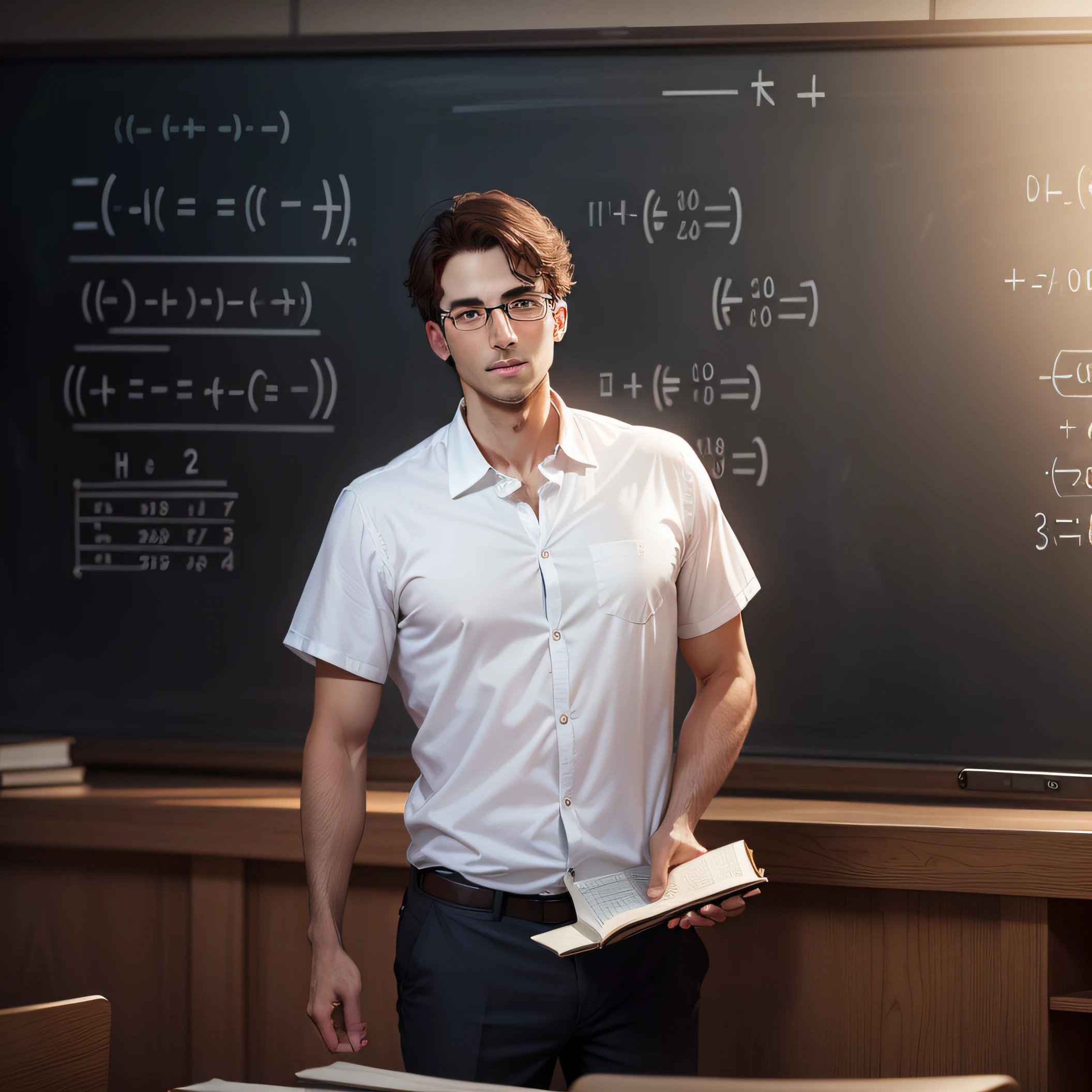 The math teacher stands in front of the podium and lectures,Point one finger to the blackboard,Holding a book in one hand,In a white blouse shirt,