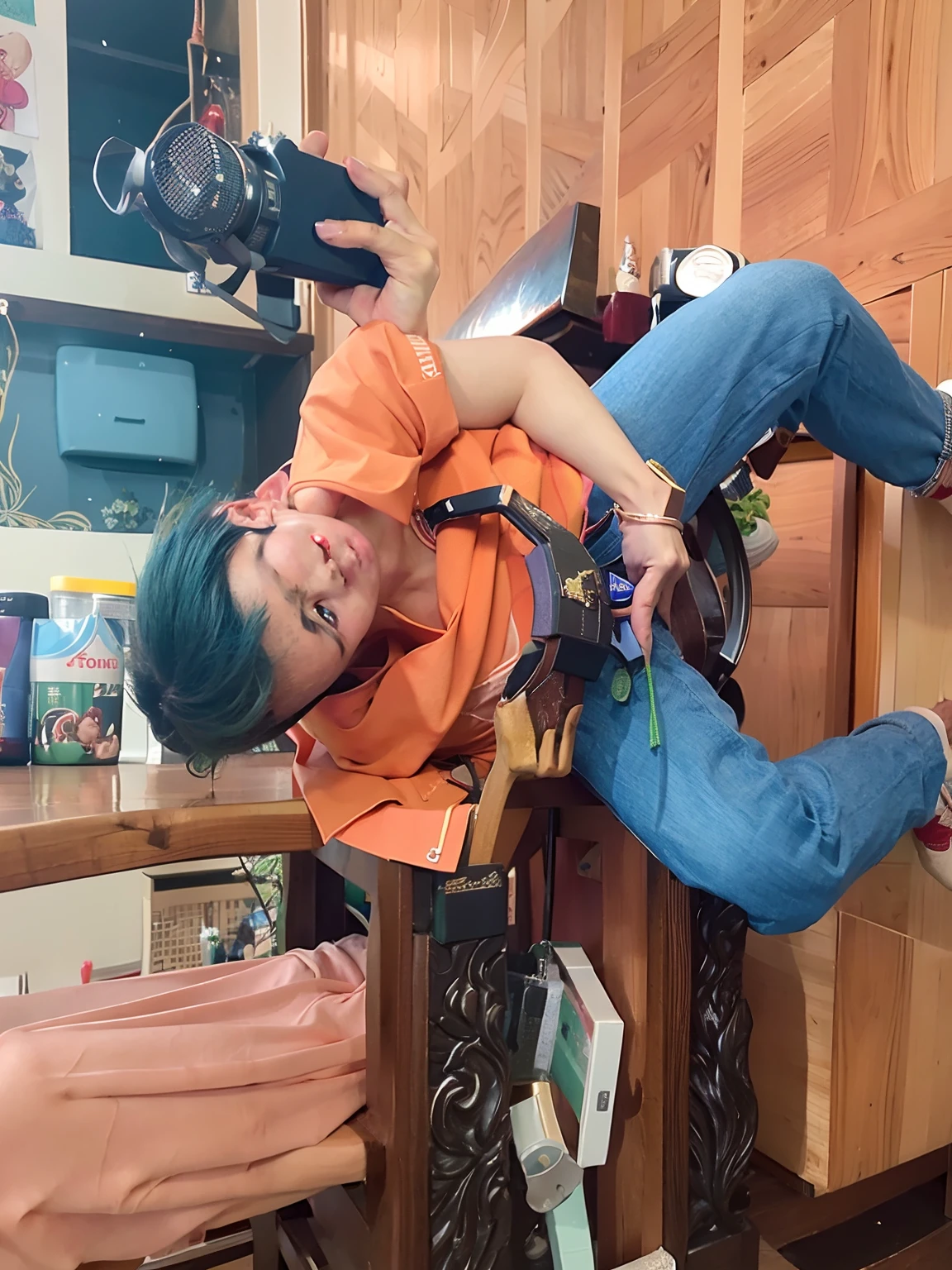 there is a man that is sitting on a chair with a camera, dang my linh, with dong son bronze artifacts, leaked photo, hi - res scan, hi-res scan, with pistol, very very low quality picture, leaked image, hoang long ly, by Wen Boren, phong yintion j - jiang geping