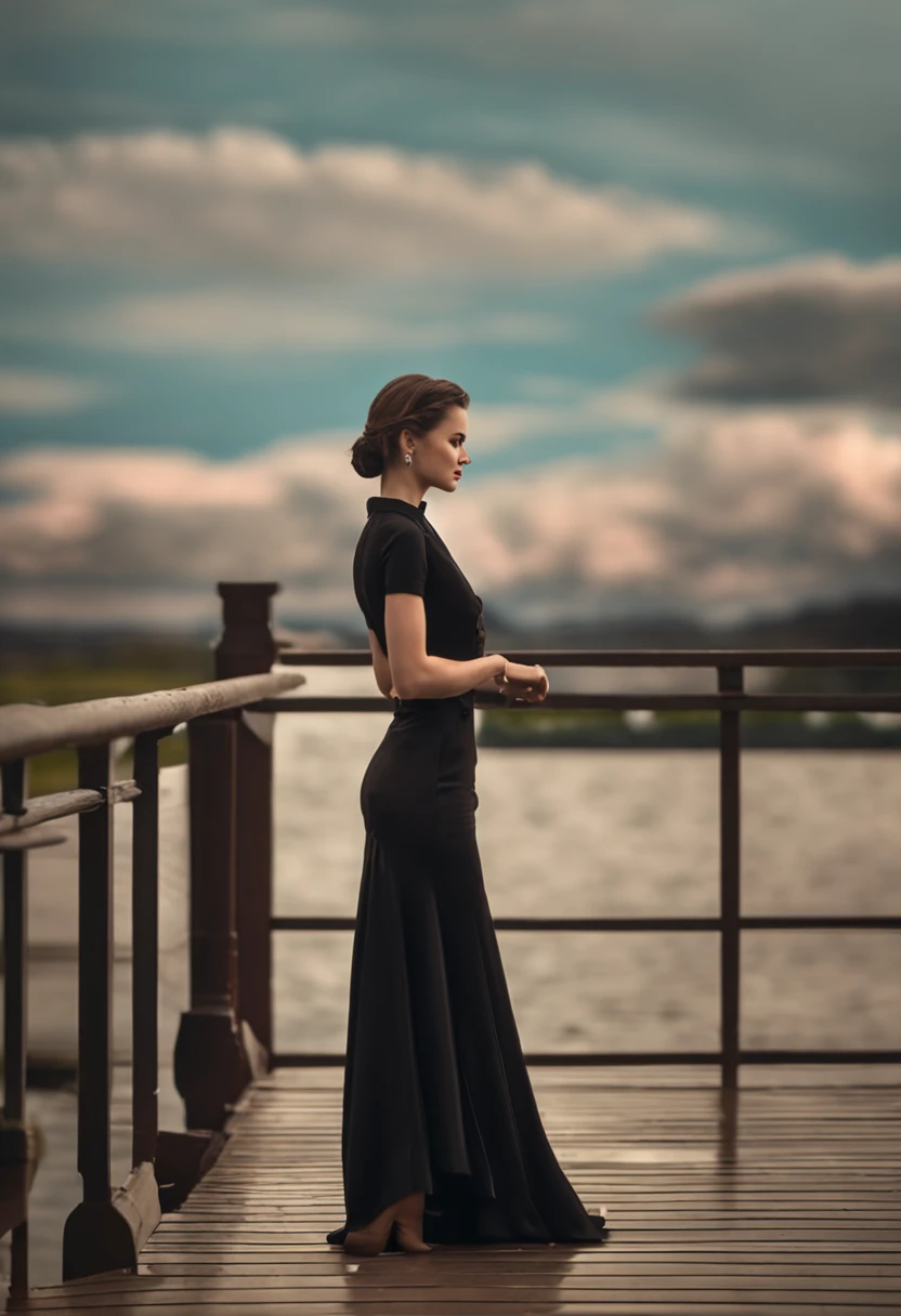 An Araki woman in a black dress stands on a wooden deck, Side shot, stunning elegant pose, joey king, posing elegantly, looking off to the side, beautful view, posing elegantly, Elegant Pose, From the side, doing an elegant pose, looks away, Back shot, looking out, profile shot, 4 k glamour photography, captivating posture, full lenght shot