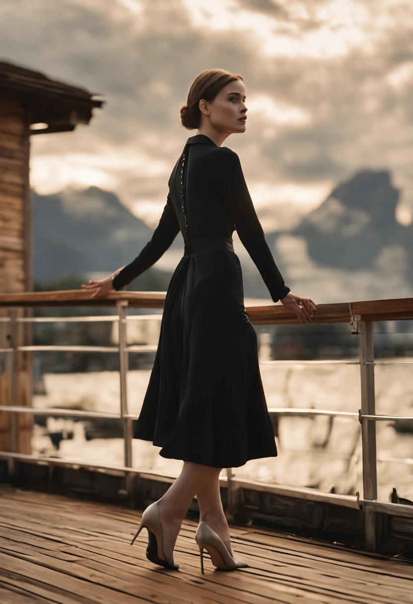 An Araki woman in a black dress stands on a wooden deck, Side shot, stunning elegant pose, joey king, posing elegantly, looking off to the side, beautful view, posing elegantly, Elegant Pose, From the side, doing an elegant pose, looks away, Back shot, looking out, profile shot, 4 k glamour photography, captivating posture, full lenght shot