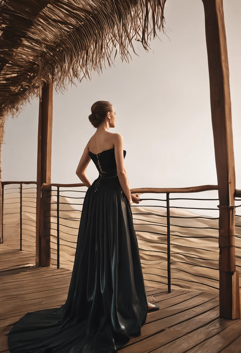 An Araki woman in a black dress stands on a wooden deck, Side shot, stunning elegant pose, joey king, posing elegantly, looking off to the side, beautful view, posing elegantly, Elegant Pose, From the side, doing an elegant pose, looks away, Back shot, looking out, profile shot, 4 k glamour photography, captivating posture, full lenght shot